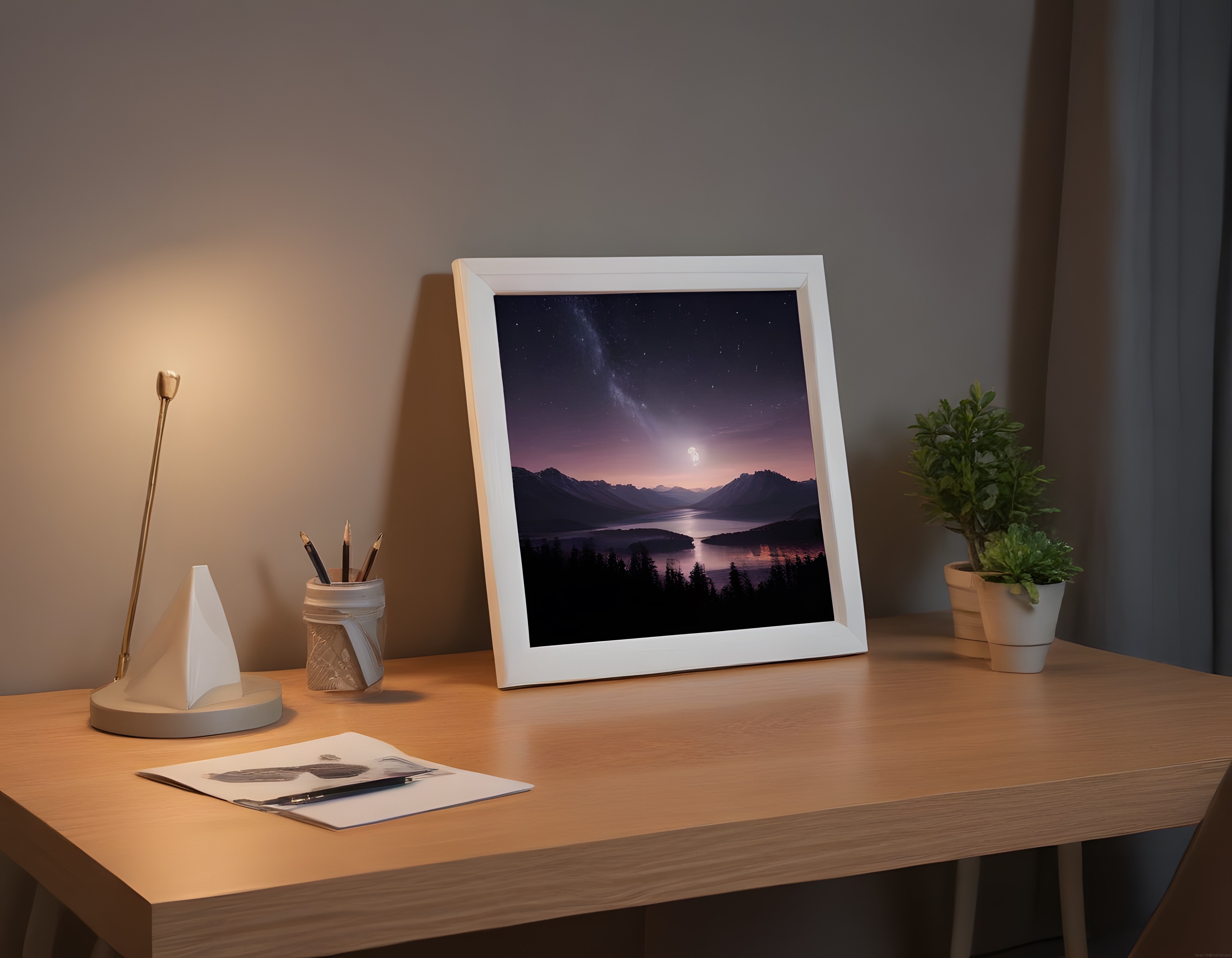 Ahşap Çalışma Masasında Beyaz Çerçeveli Göl Manzaralı Gece Fotoğrafı