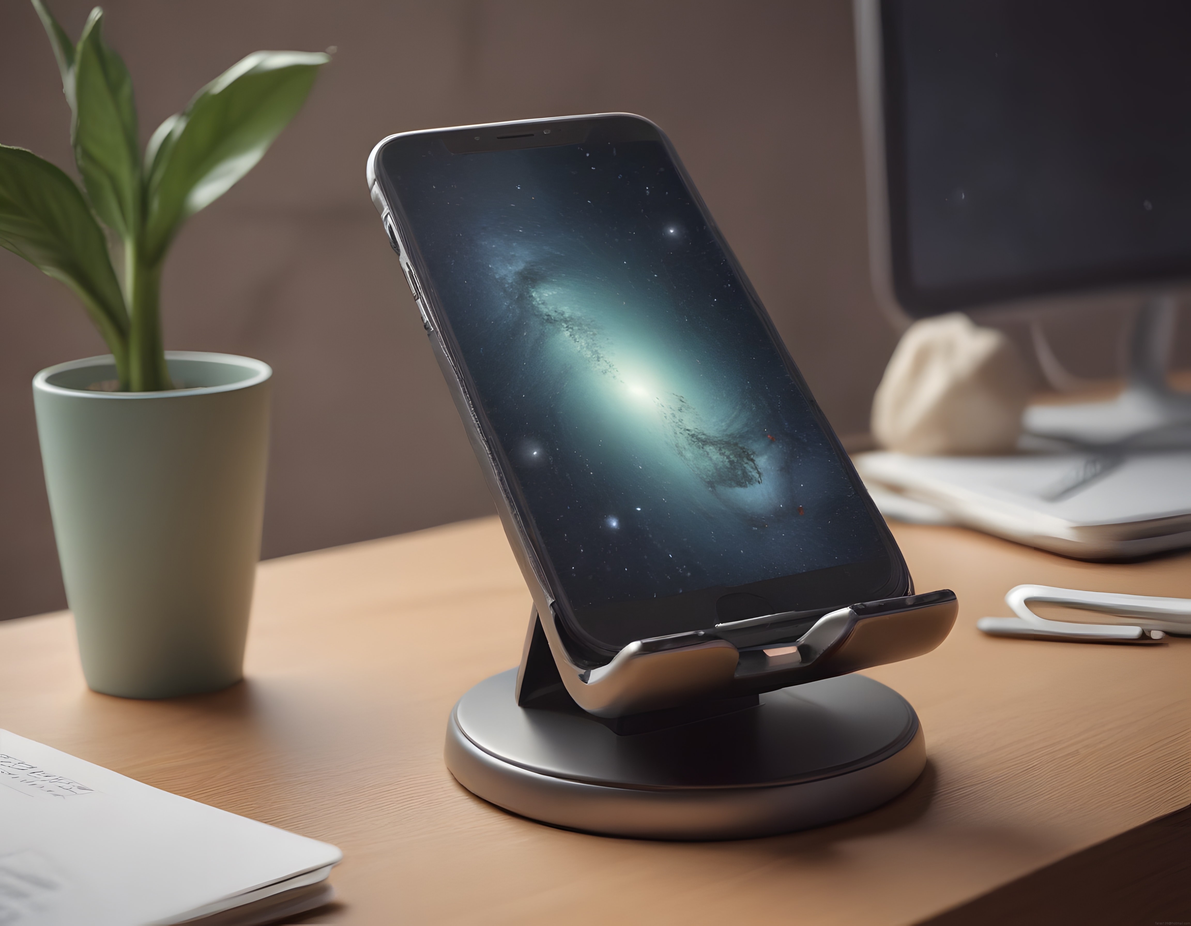 Ahşap Çalışma Masasında Galaksi Duvar Kağıtlı Akıllı Telefon ve Stand