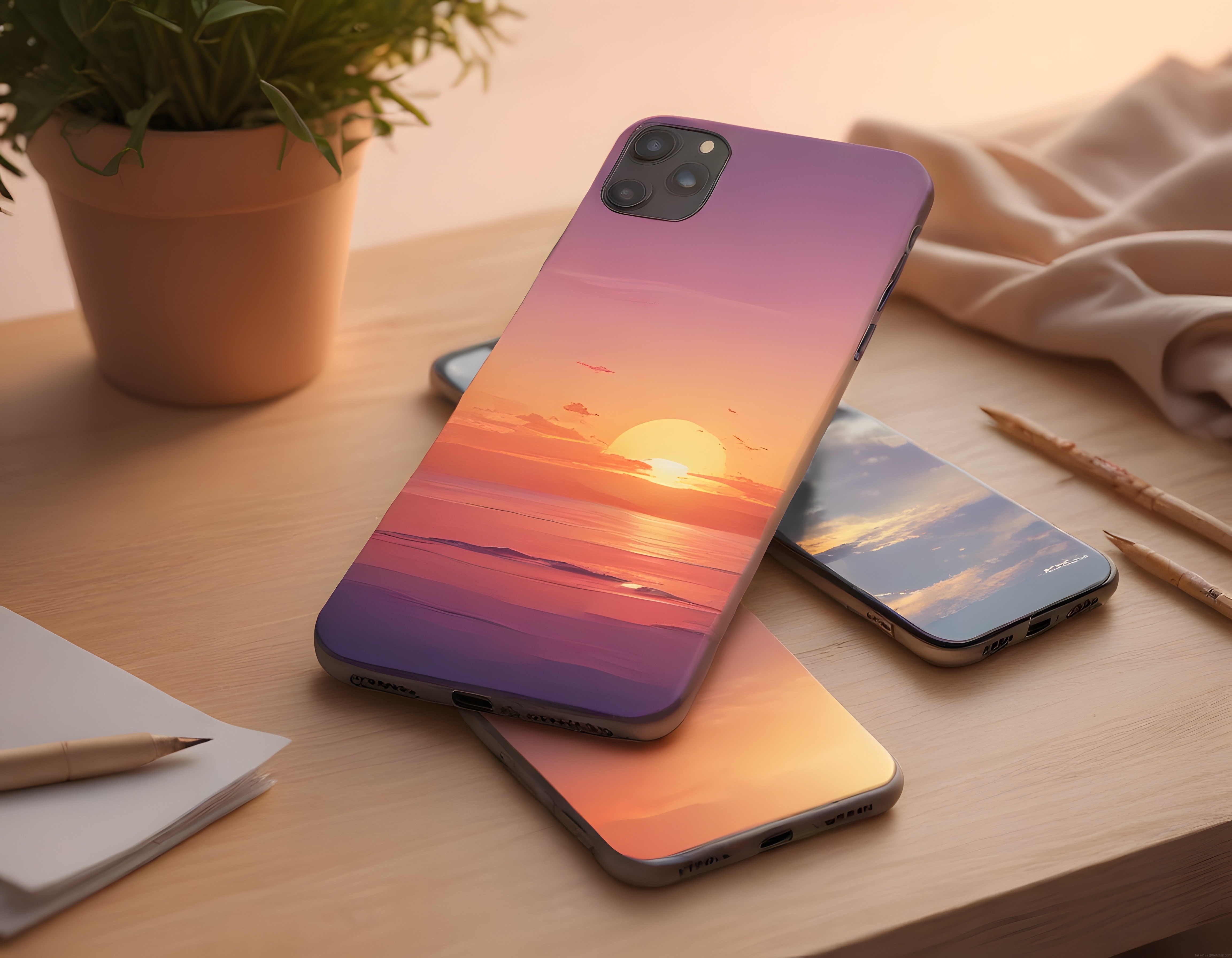 Ahşap çalışma masasında gün batımı desenli telefon kılıfı ve minimal ofis detayları