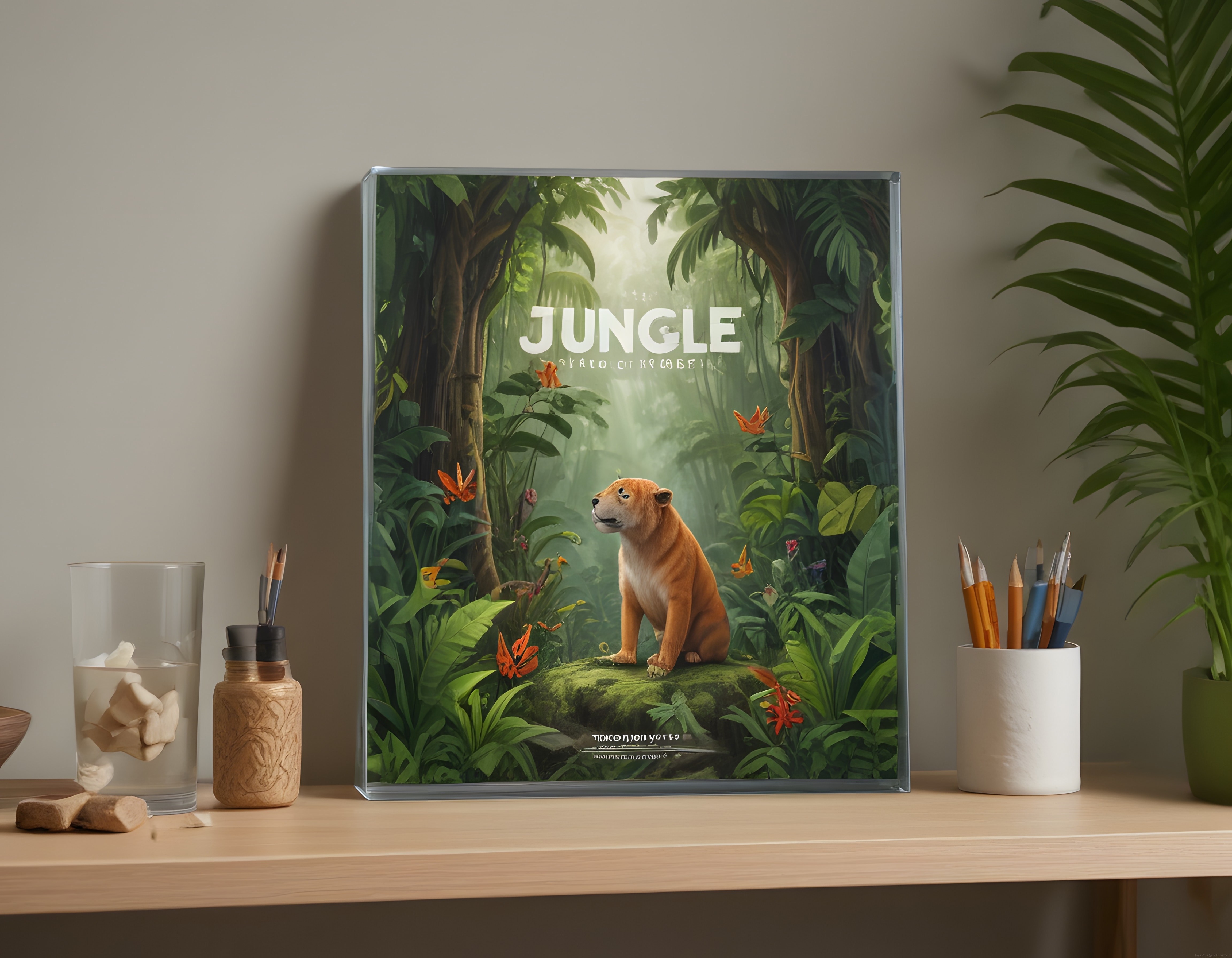 Ahşap çalışma masasında jungle temalı aslan posteri ve sanat malzemeleri