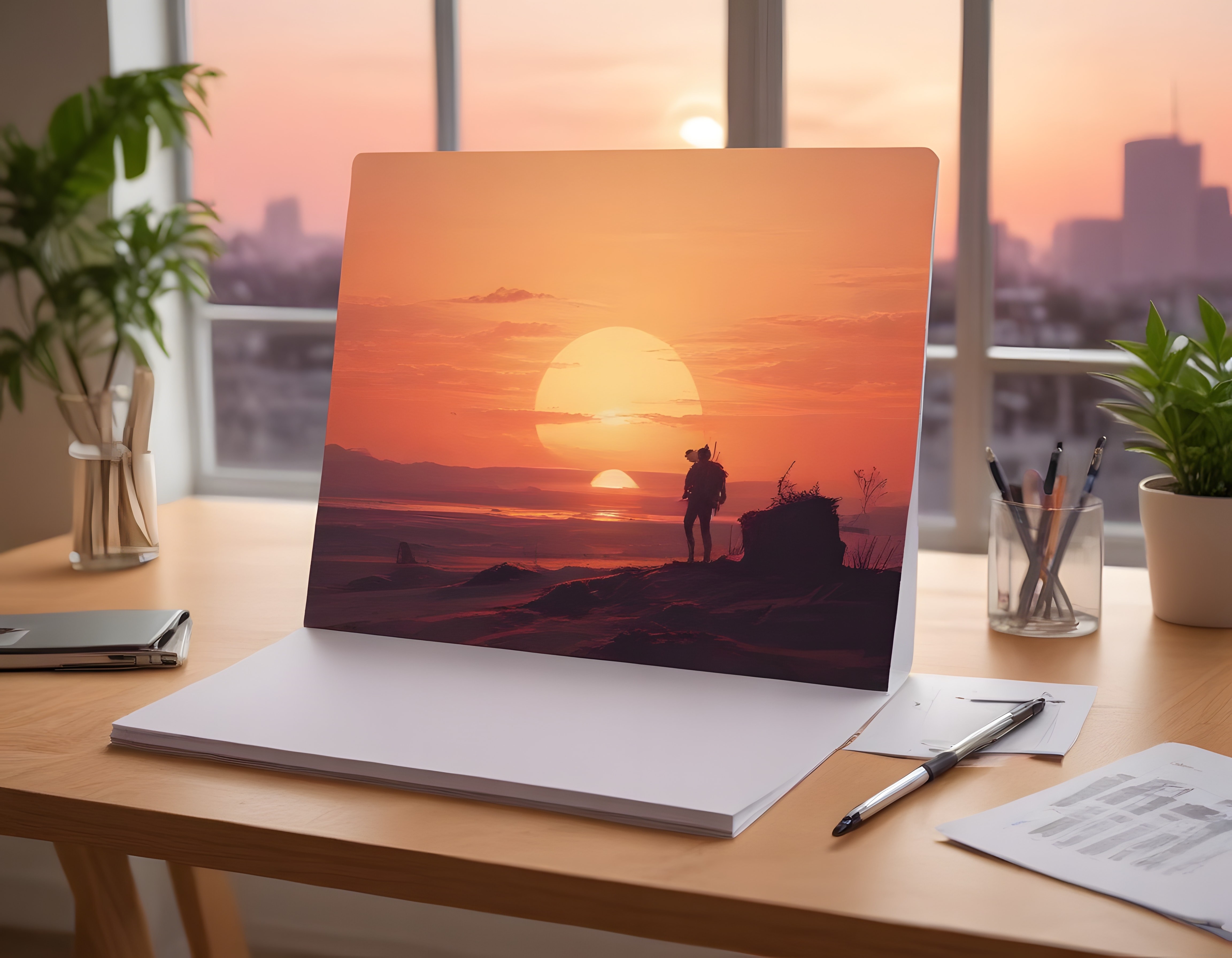 Ahşap çalışma masasında laptop ekranındaki bilim kurgu gün batımı resmi