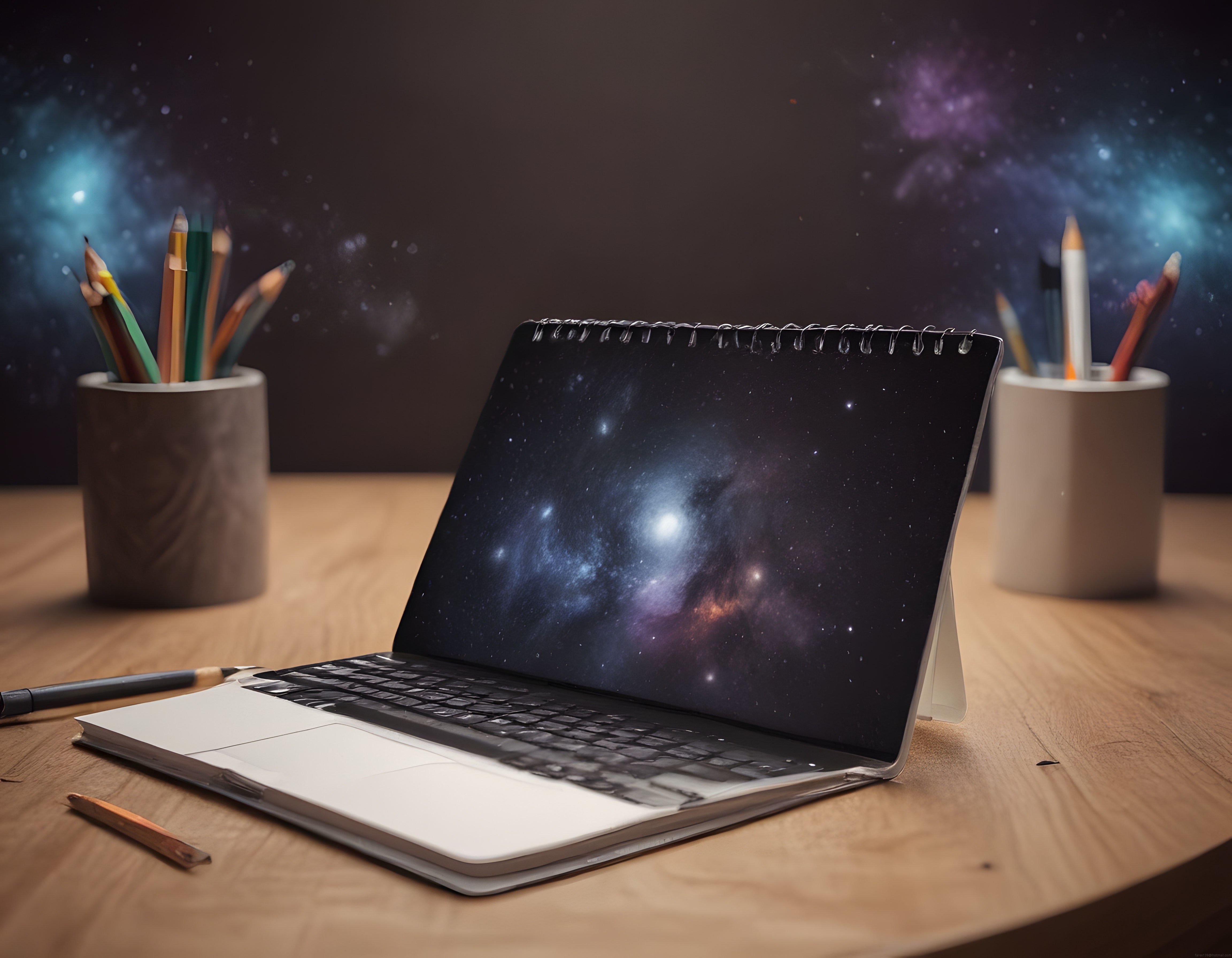 Ahşap Çalışma Masasında Laptop Ekranından Dışarı Sızan Renkli Galaksi Işıkları