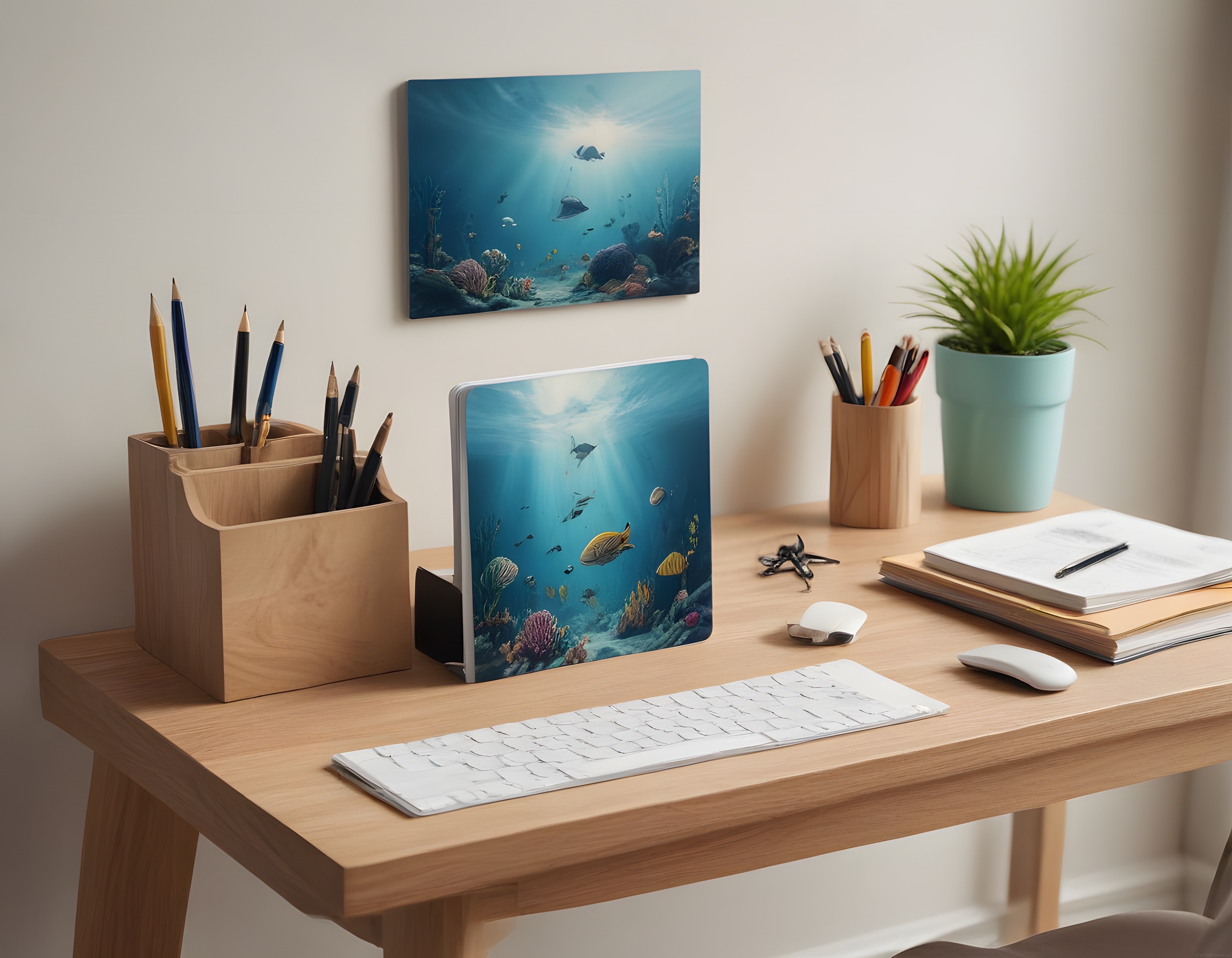 Ahşap Çalışma Masasında Okyanus Temalı Dijital Sanat ve Minimalist Ofis Dekoru
