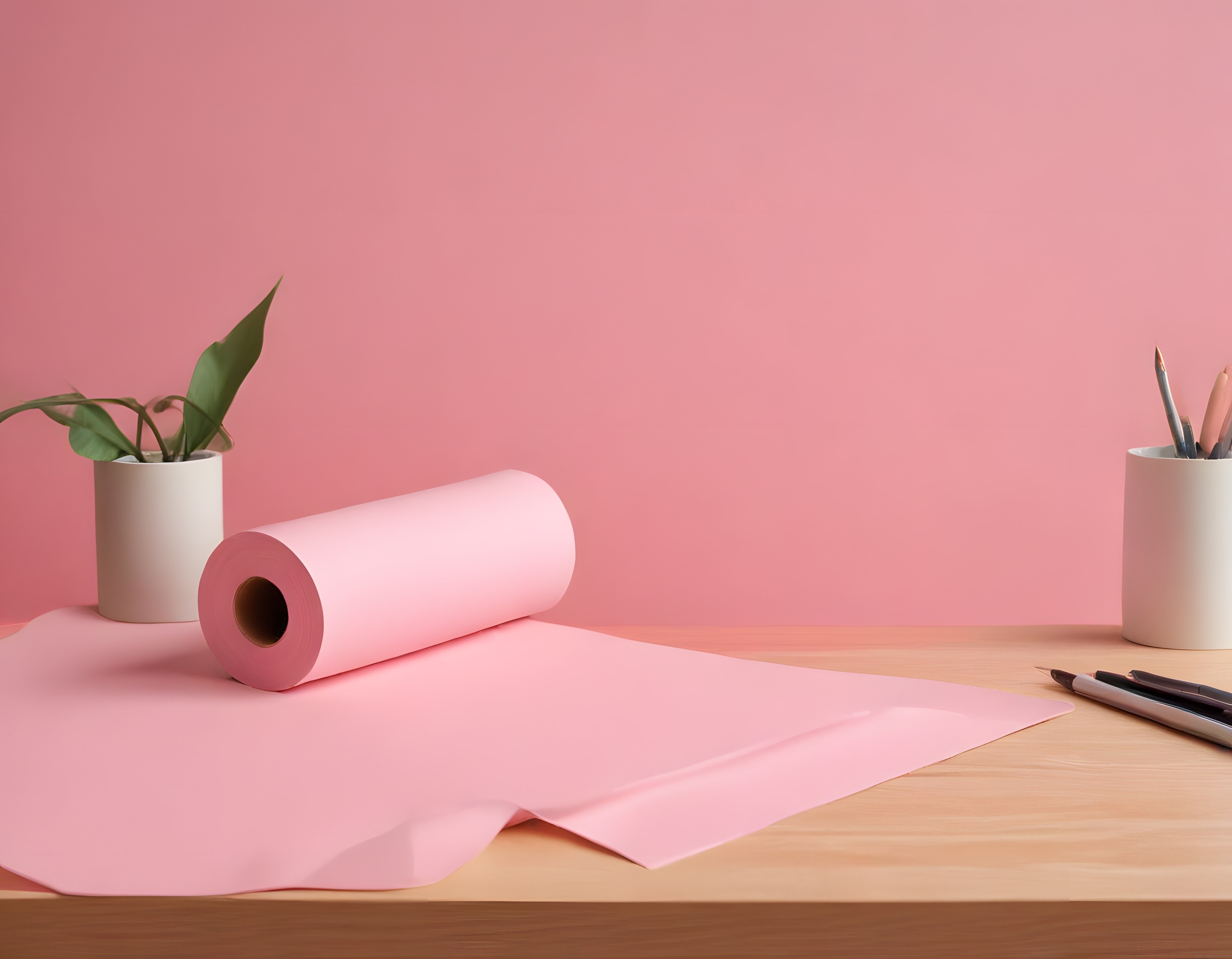 Ahşap Çalışma Masasında Pembe Kağıt Rulosu ve Minimal Masa Dekorasyonu