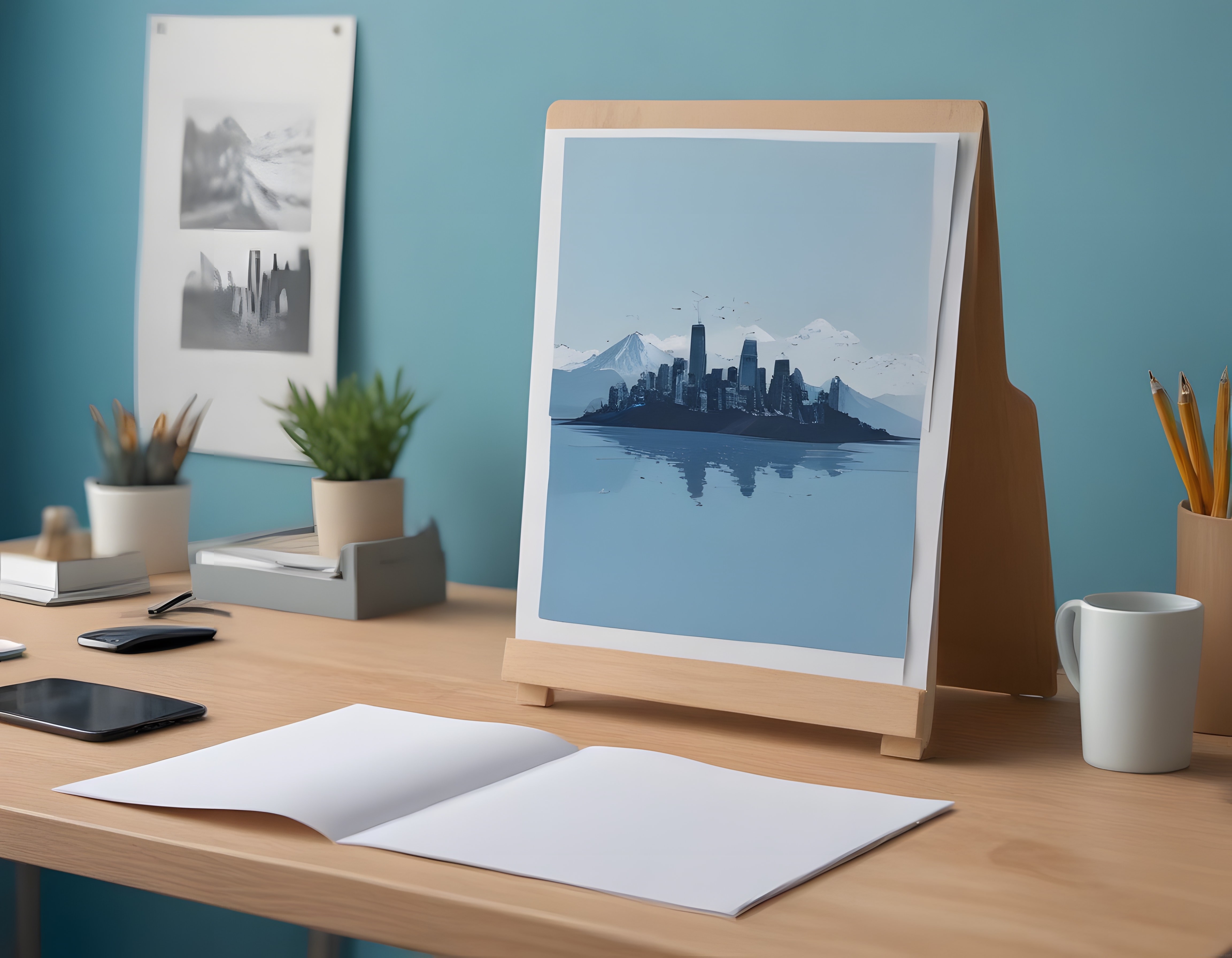 Ahşap Çalışma Masasında Şehir Manzaralı Poster ve Minimalist Dekor