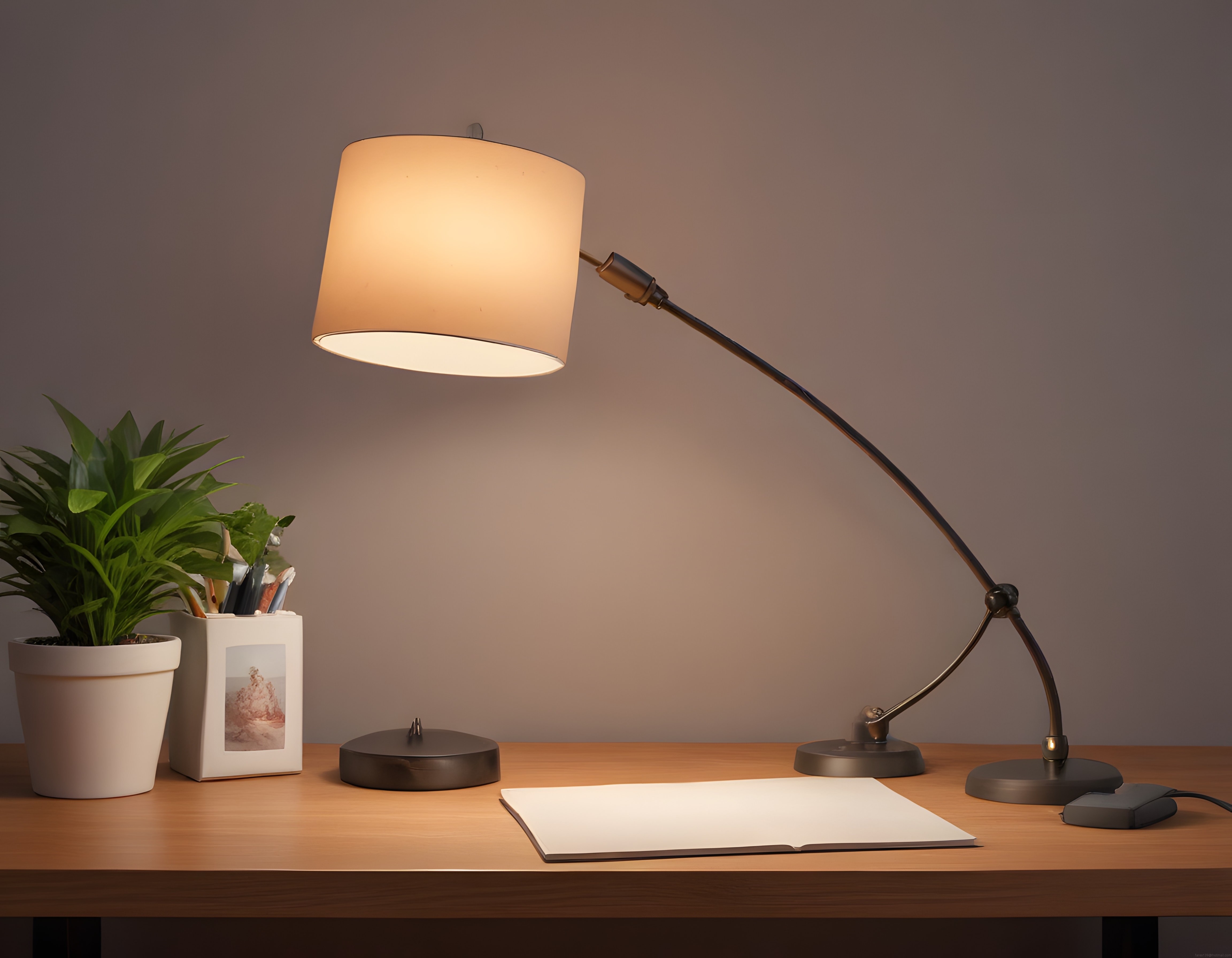 Ahşap Çalışma Masasında Sıcak Işıklı Modern Masa Lambası ve Minimalist Dekor