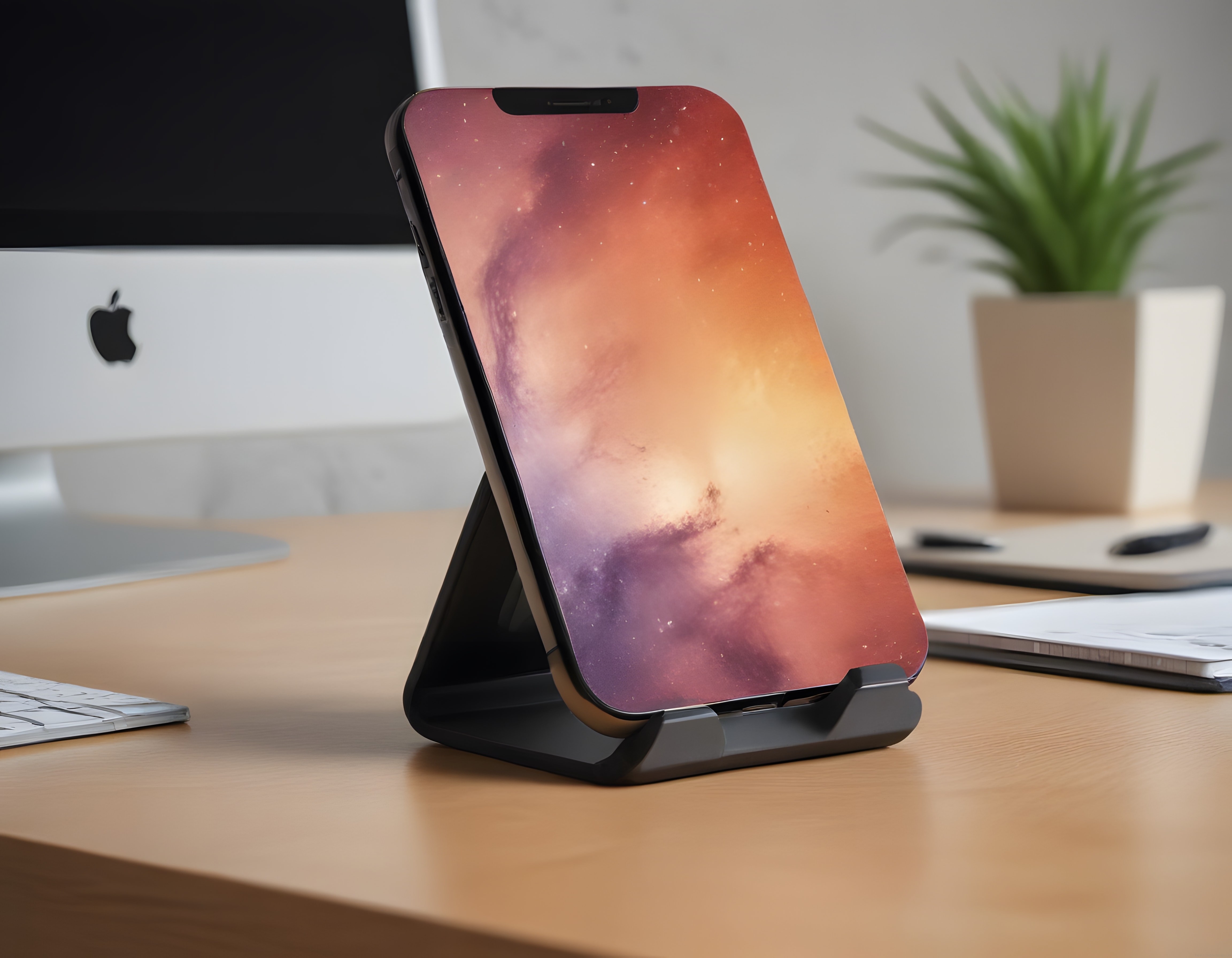 Ahşap Çalışma Masasında Stand Üzerindeki Telefon ve Galaksi Duvar Kağıdı
