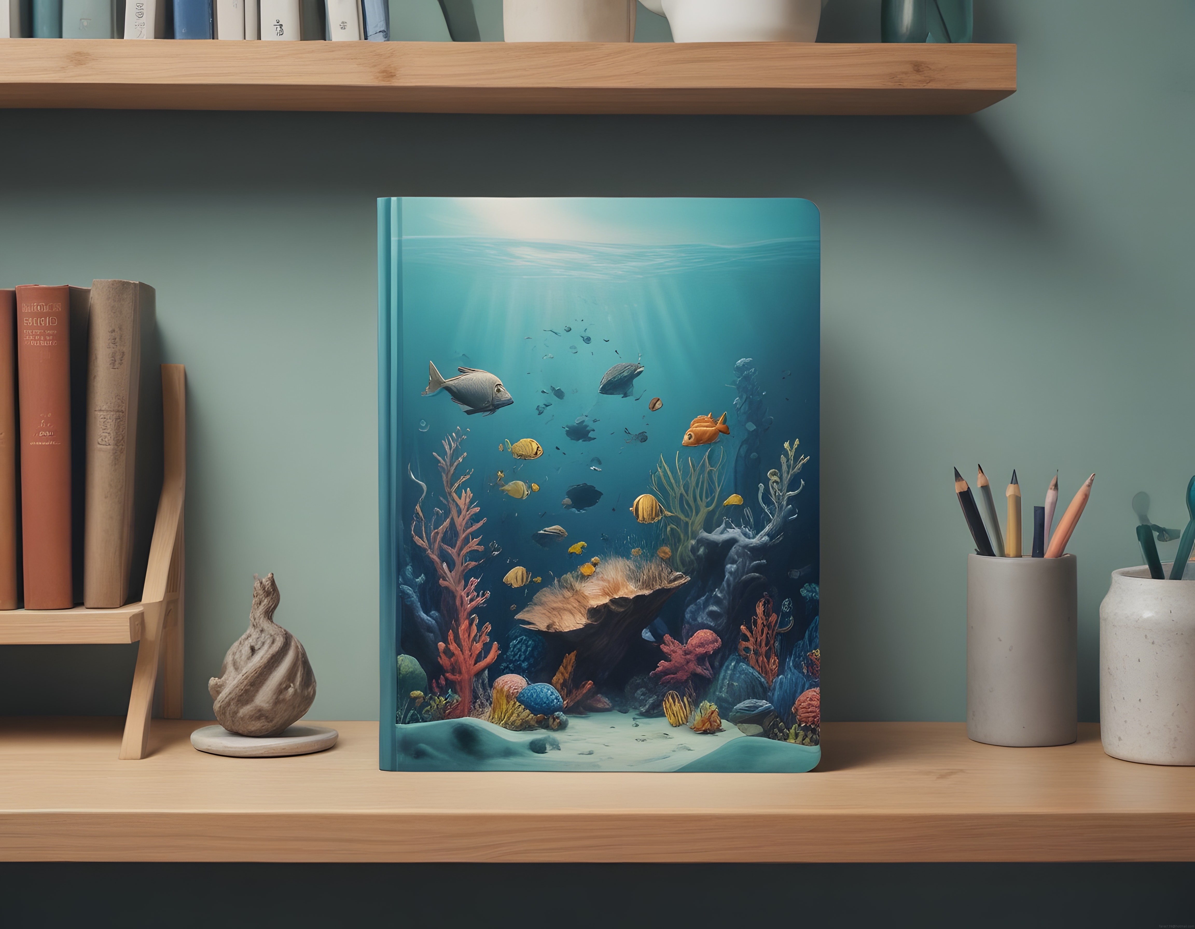 Ahşap çalışma masasında su altı dünyası temalı kitap ve vintage dekor