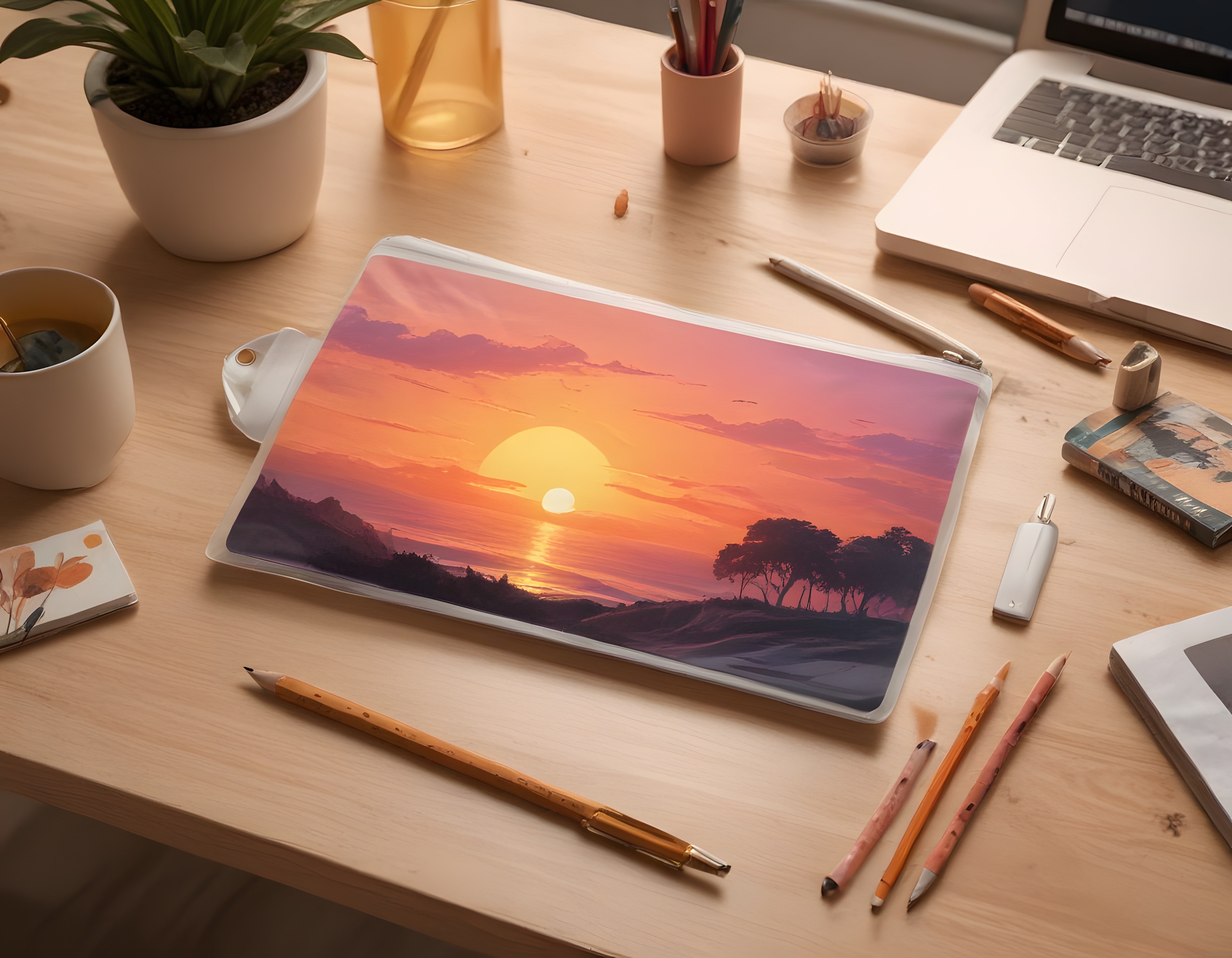 Ahşap çalışma masasında tablet üzerinde dijital gün batımı ve sanatçı köşesi