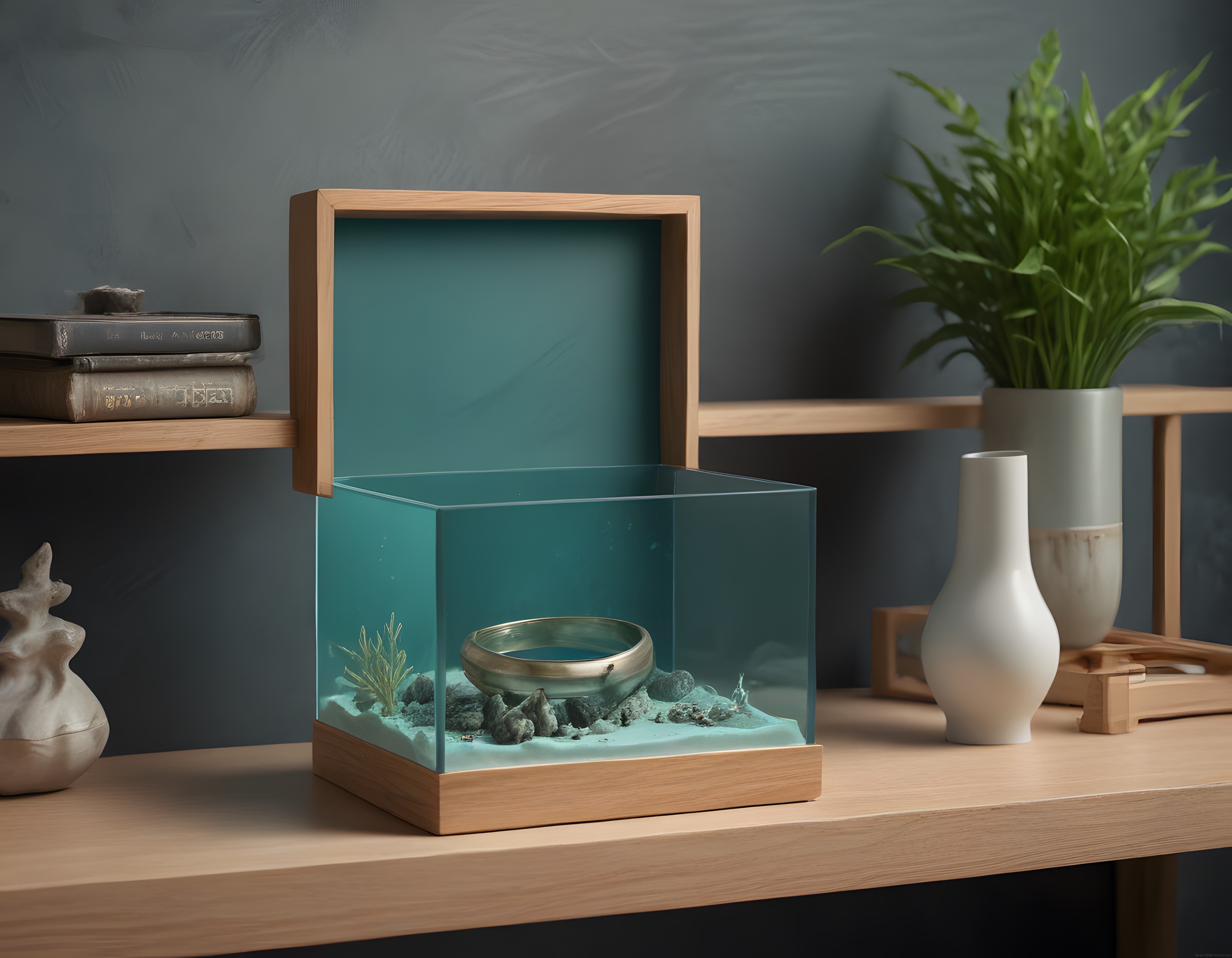 Ahşap Çalışma Masasında Zen Tarzı Cam Terraryum ve Minimalist Ev Dekorasyonu