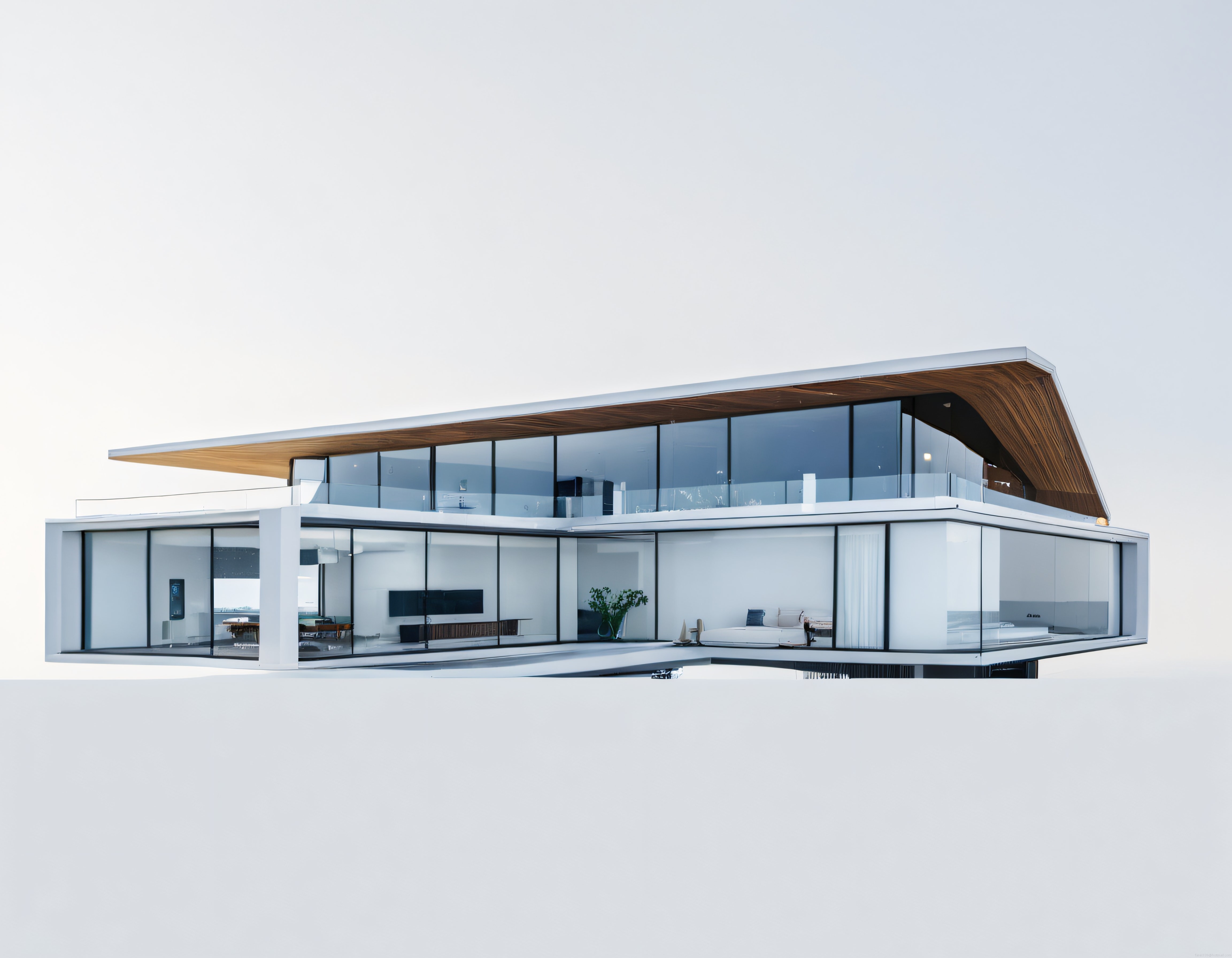 Ahşap çatı detaylarıyla büyük cam cepheli modern minimalist konut tasarımı