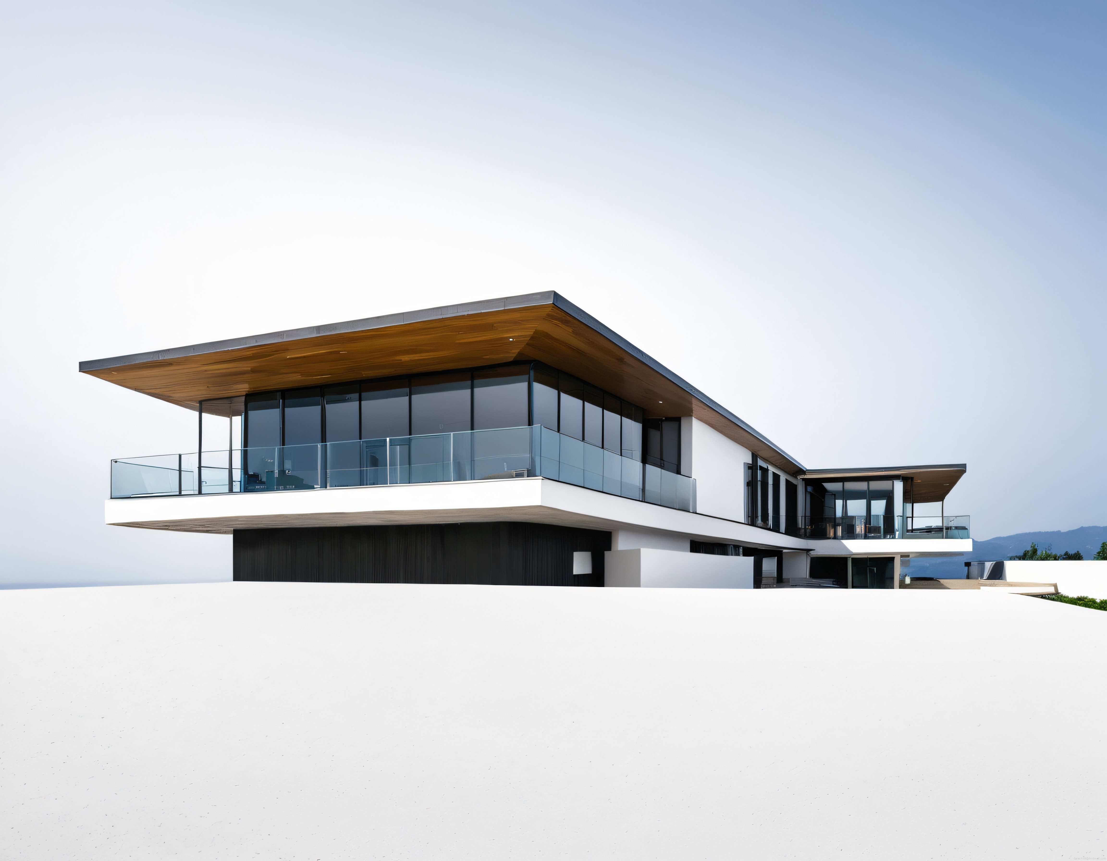 Ahşap Çatılı Geniş Cam Balkonlu Beyaz Beton Zeminde Ultra Modern Lüks Villa