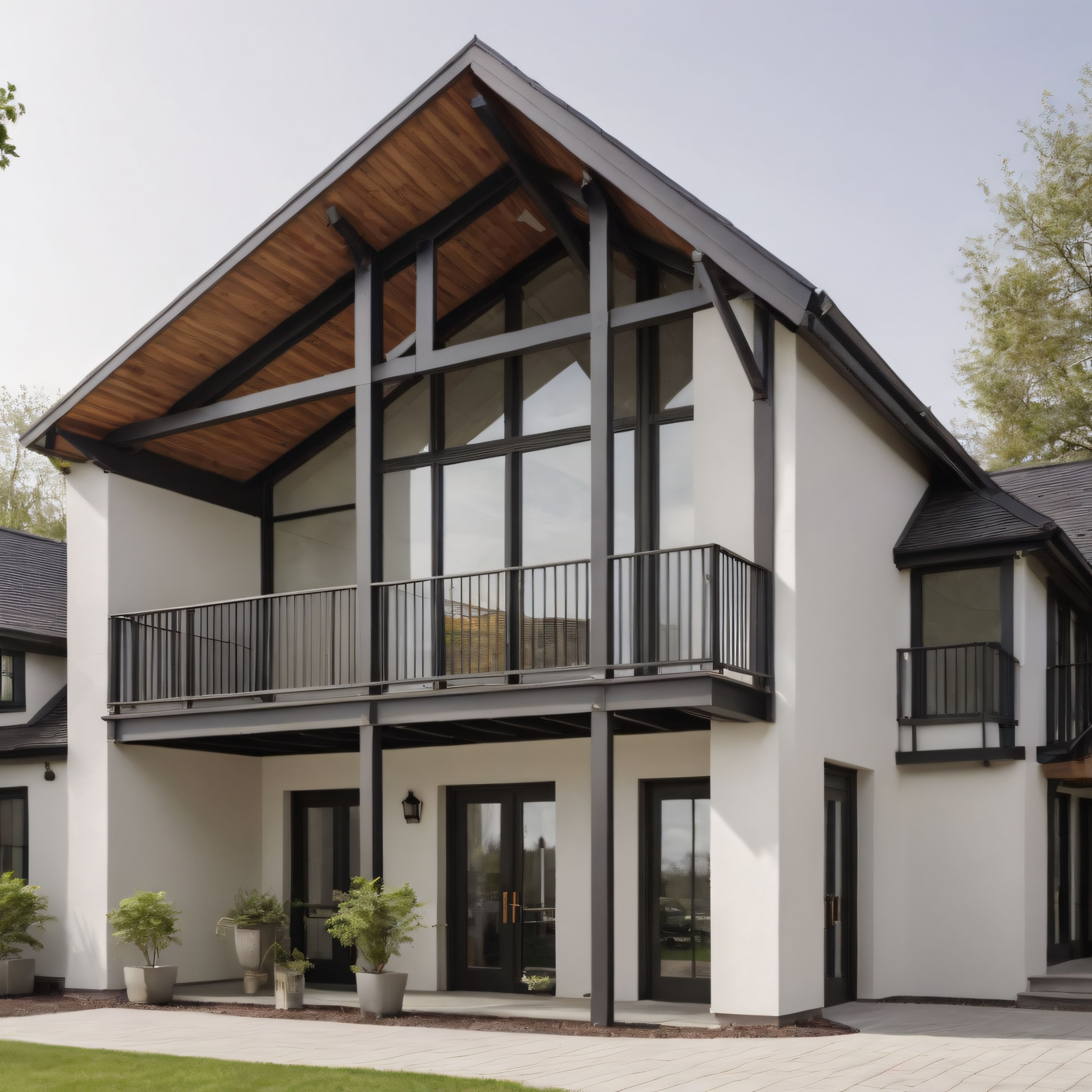 Ahşap Çatılı Siyah Konstrüksiyonlu Büyük Camlı Çift Katlı Modern Villa Cephesi