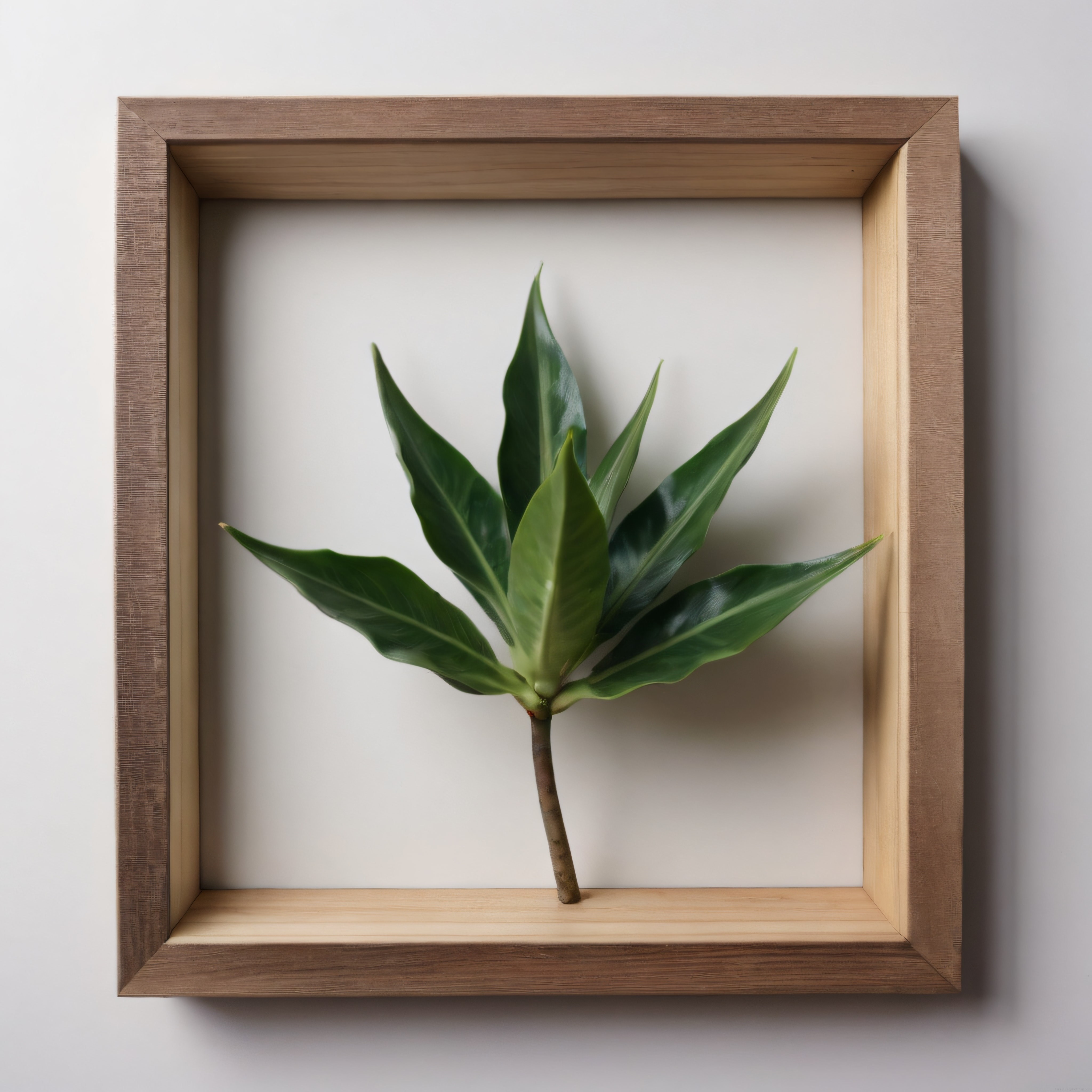 Ahşap Çerçeve İçinde Minimalist Yeşil Yaprak Düzenlemesi ve Doğal Dekorasyon