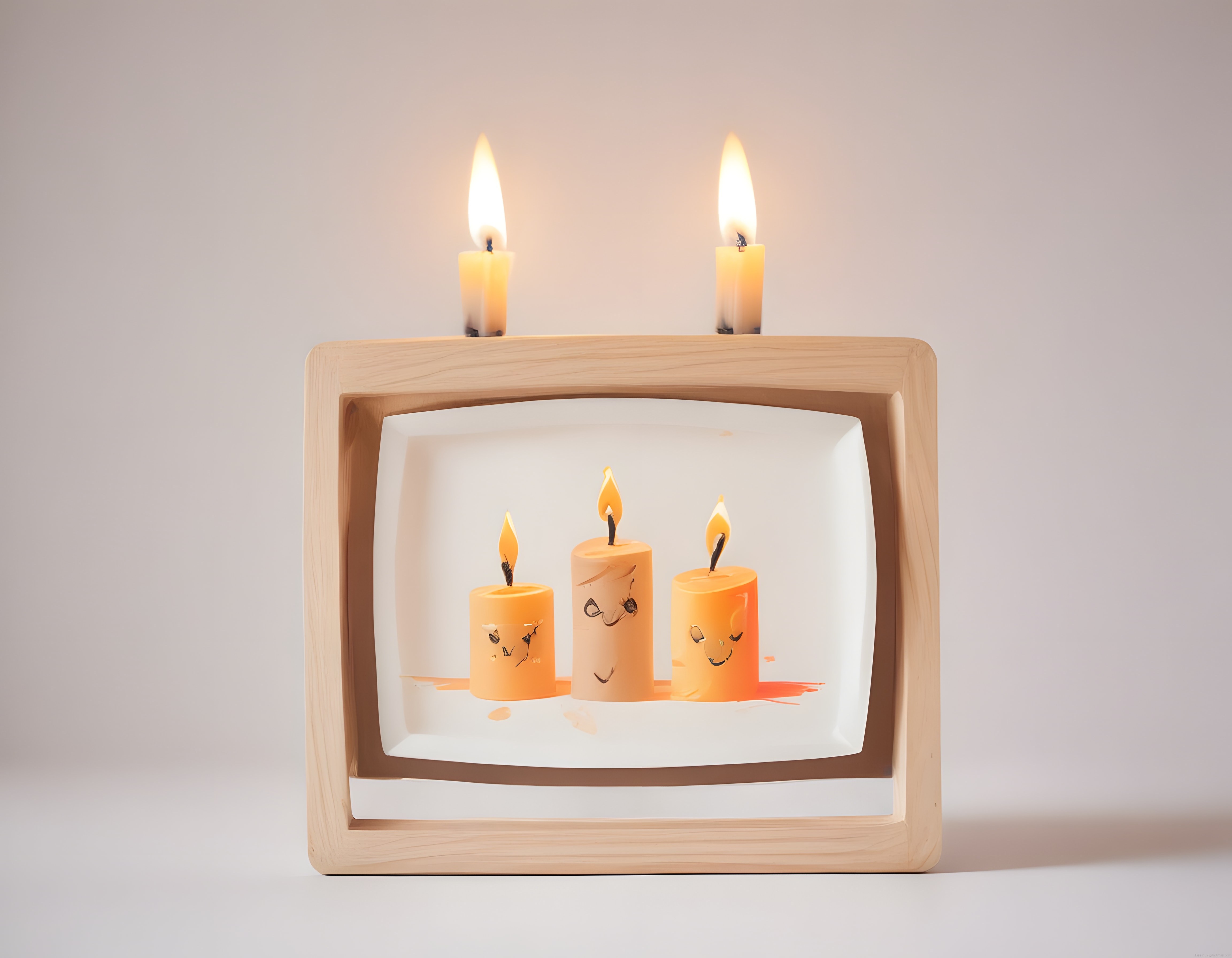 Ahşap Çerçeve İçinde Neşeli Mum Çizimi ve Üzerinde Yanan Gerçek Mumlar