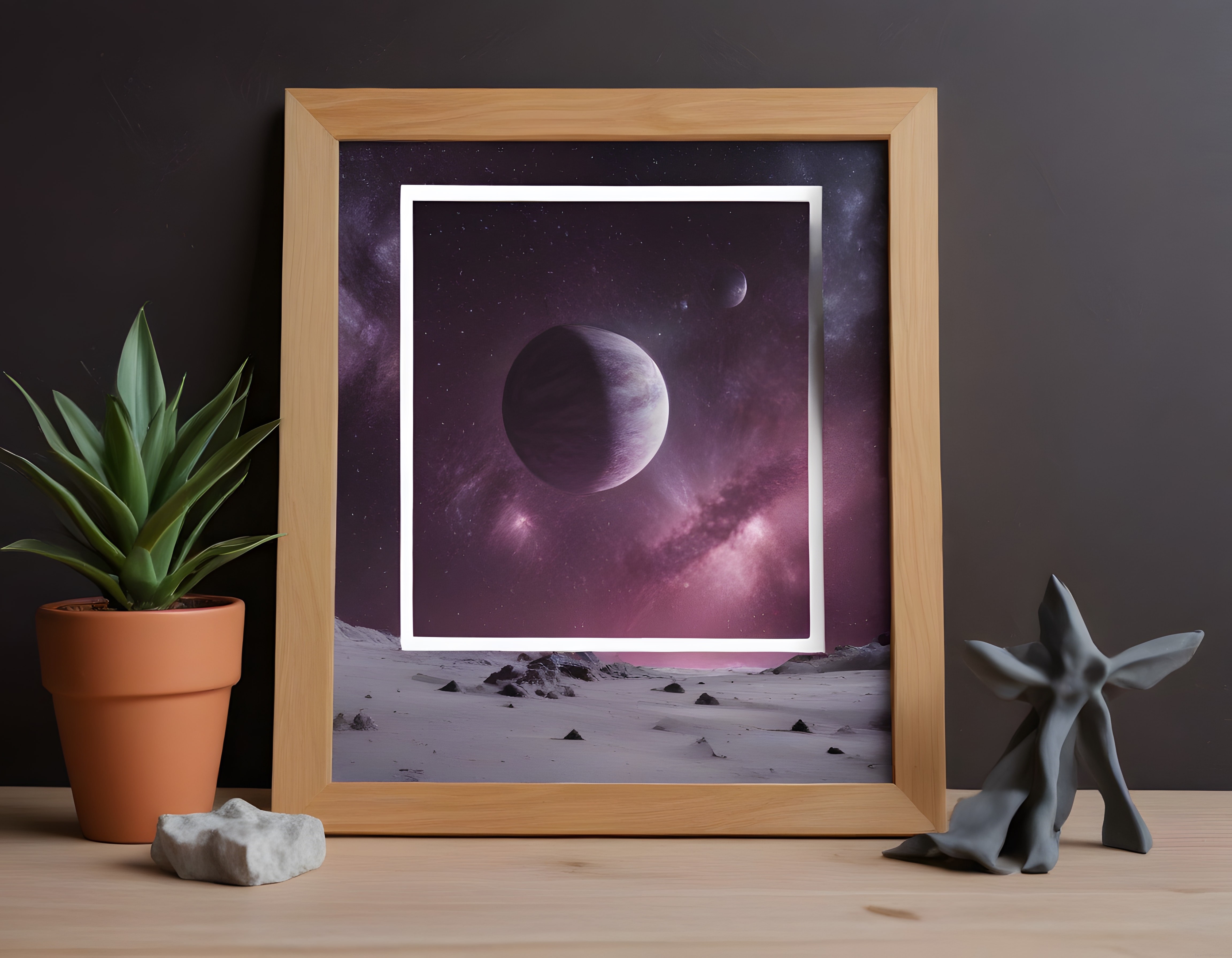 Ahşap Çerçevede Gizemli Uzay Manzarası ve Gezegenler Poster Dekorasyonu