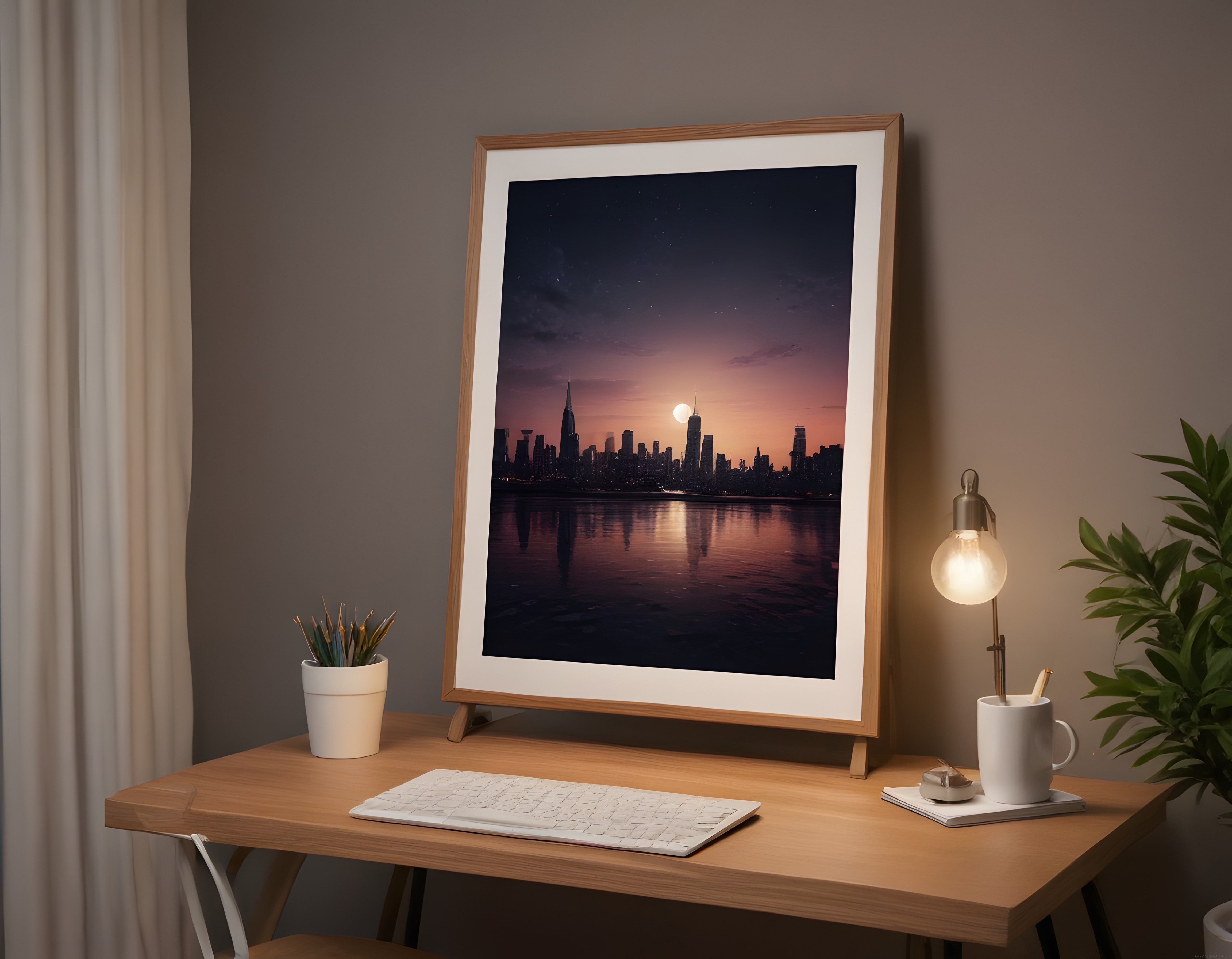 Ahşap Çerçevede Şehir Silueti Poster ve Modern Çalışma Masası Dekorasyonu