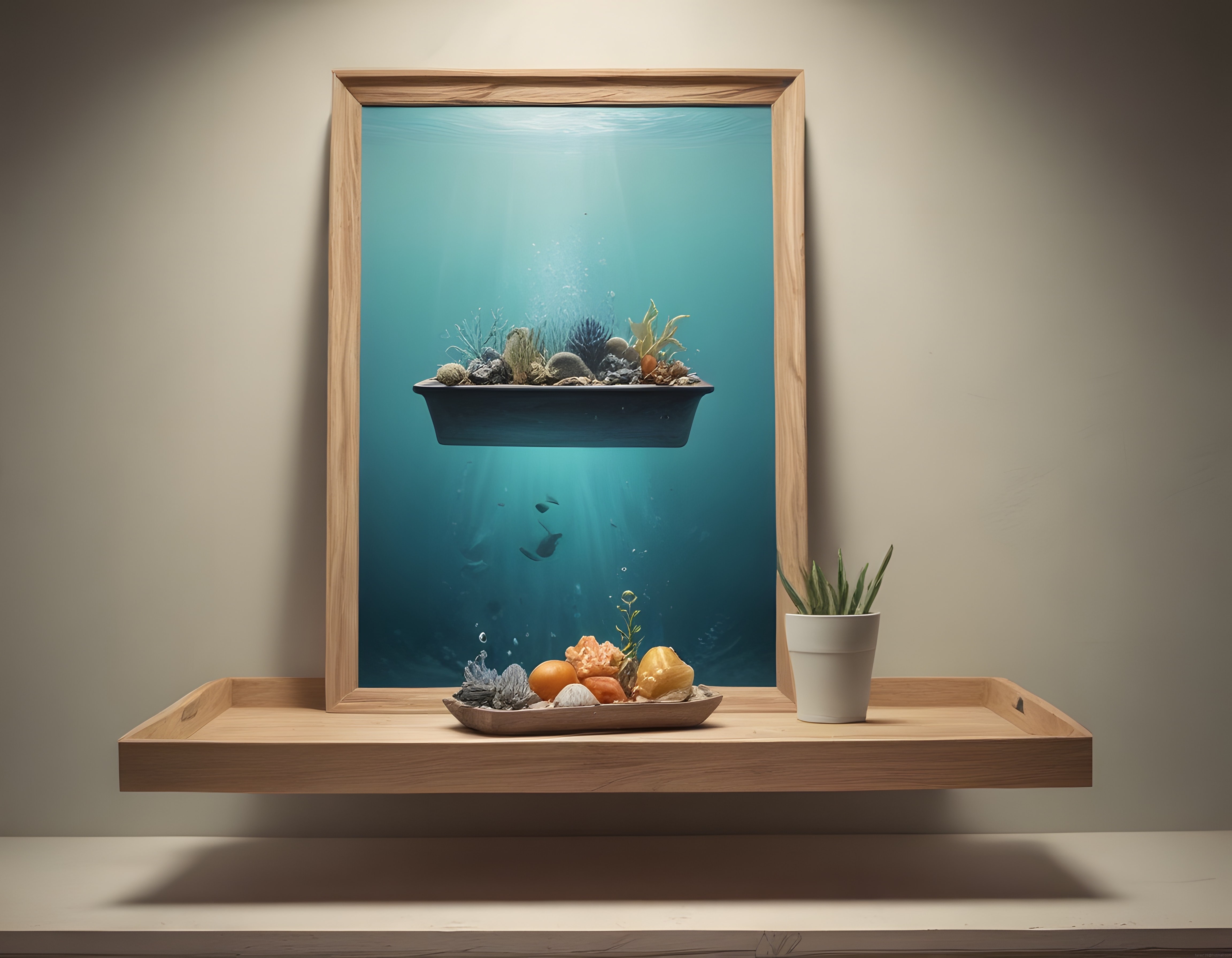 Ahşap Çerçevede Sürreal Su Altı Dünyası ve Minimalist Dekoratif Detaylar