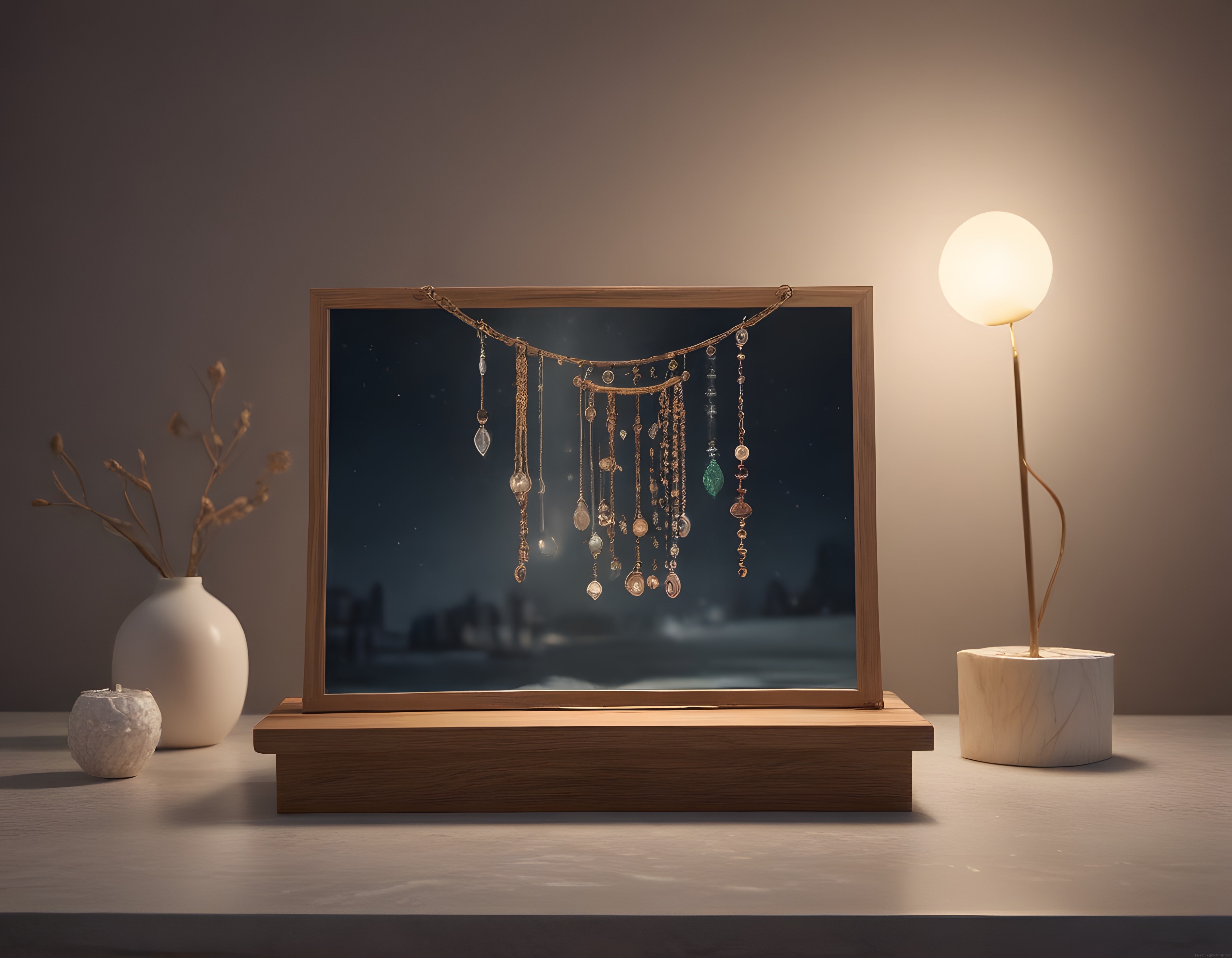 ahşap çerçevede takı askısı ve gece manzaralı minimalist masa dekorasyonu