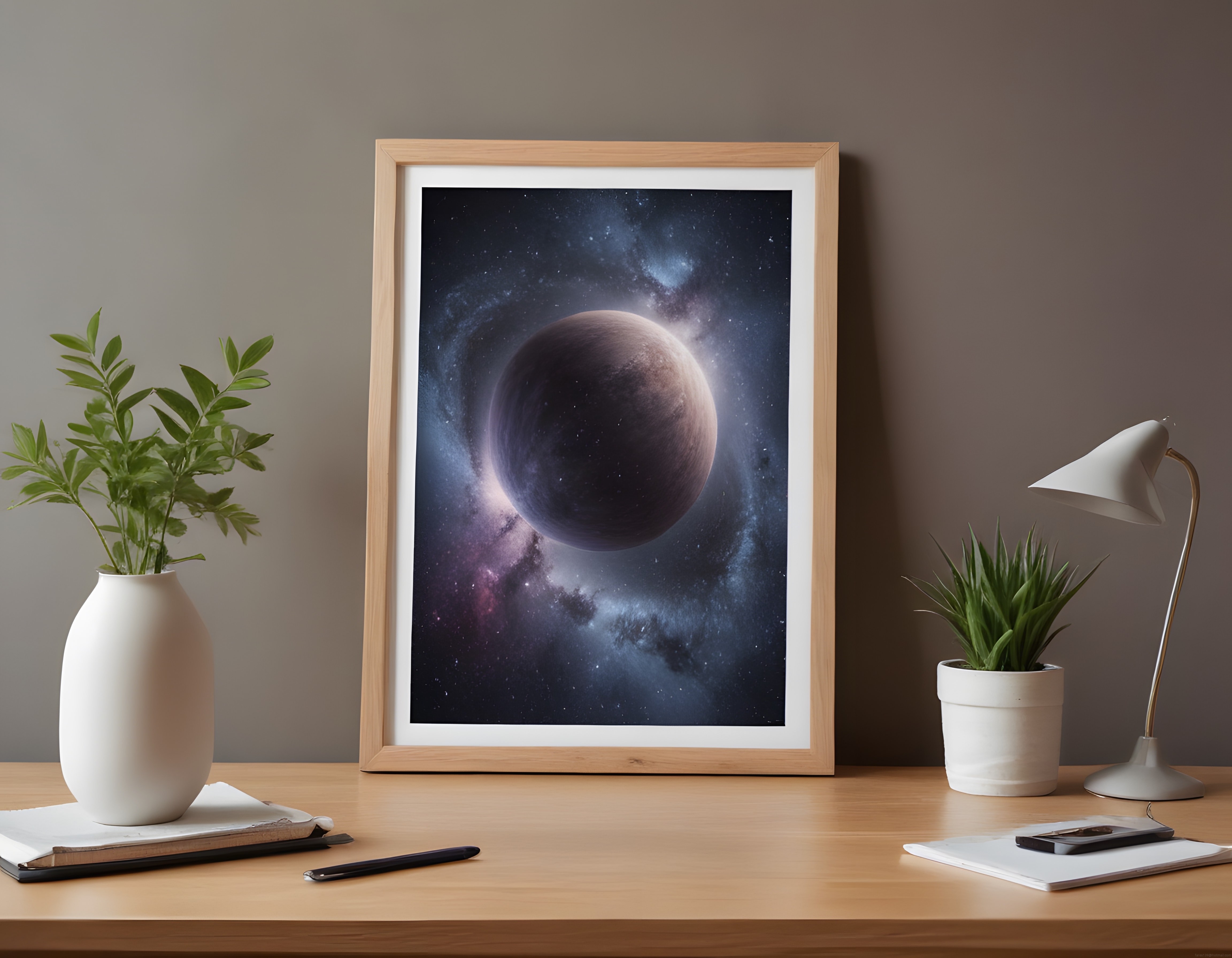 Ahşap Çerçevede Uzay Temalı Dekoratif Poster ve Minimal Çalışma Masası Düzeni