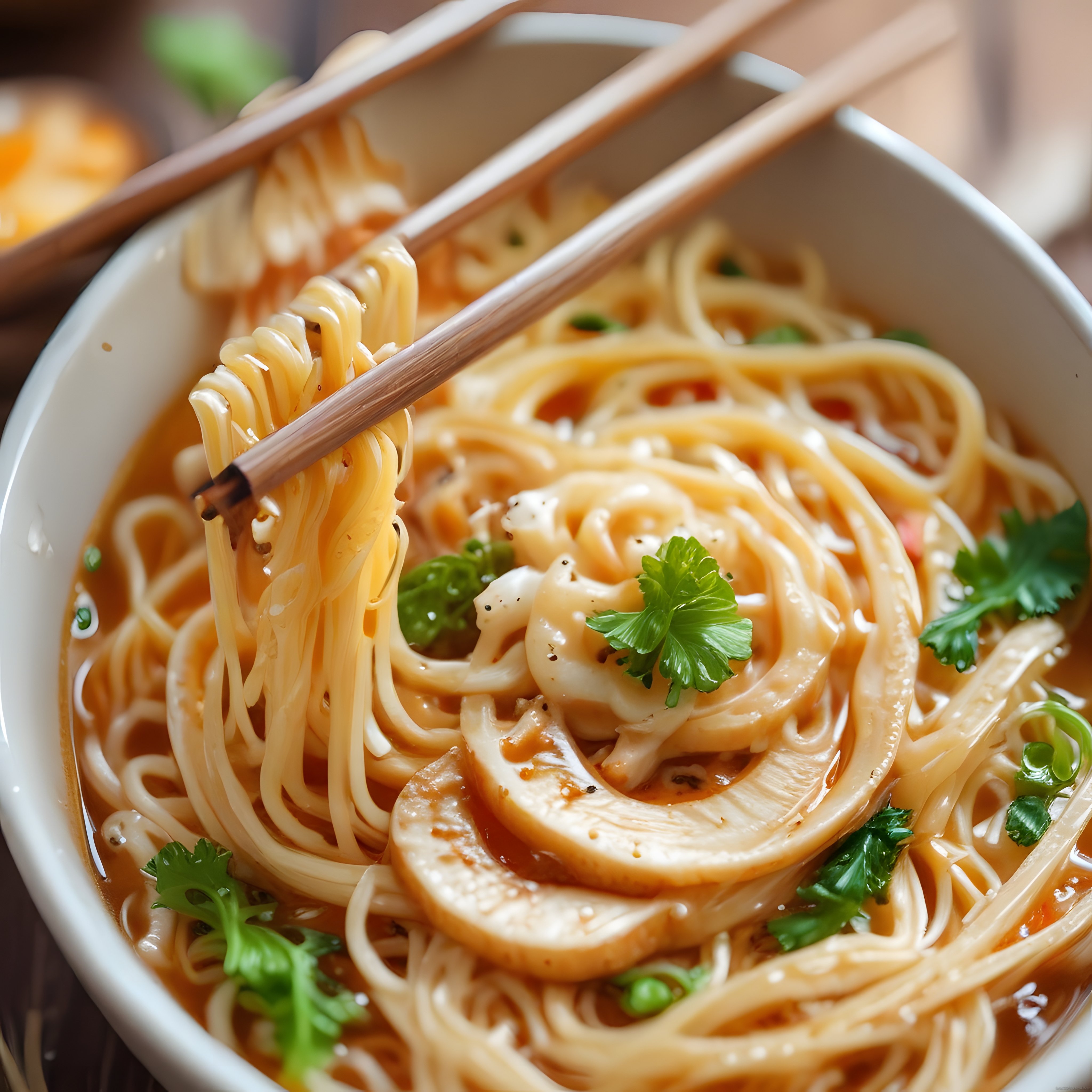 Ahşap Chopstick ile Tutulan Baharatlı Asya Noodle Çorbası ve Taze Mantar