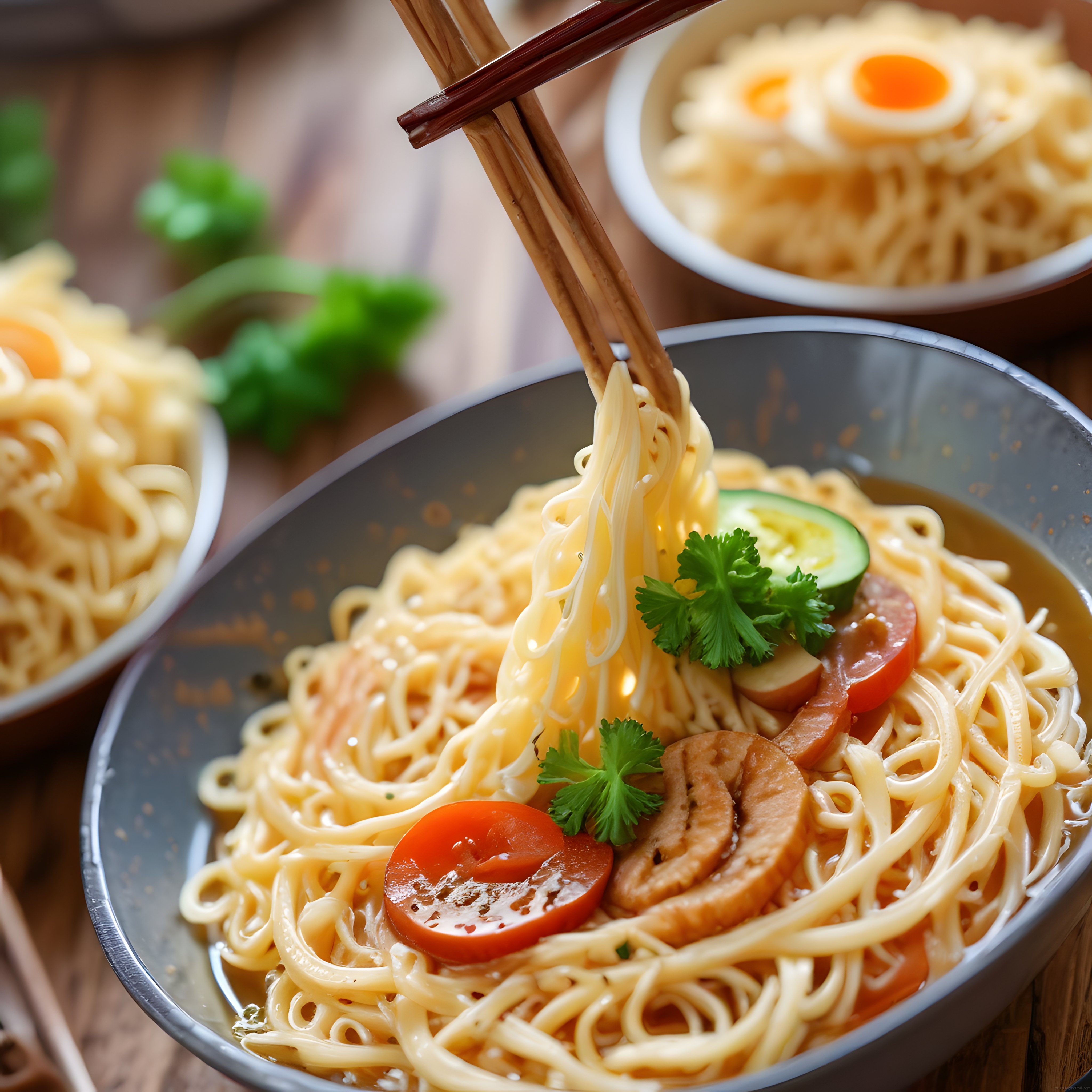 Ahşap chopsticks ile sunulan Asya usulü noodle ve sebze aromalı öğün