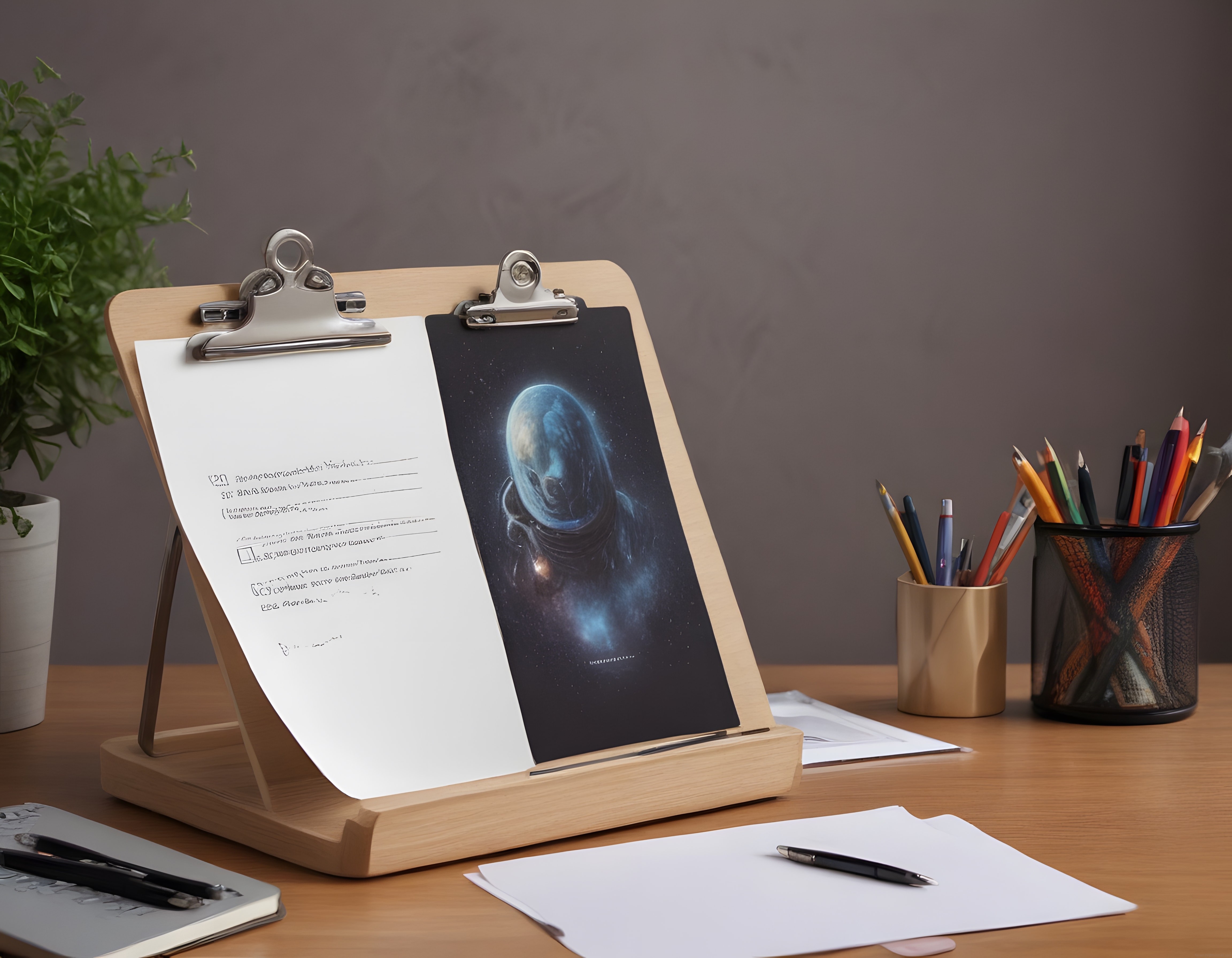 Ahşap clipboard standında uzay temalı dijital tasarım ve modern çalışma masası
