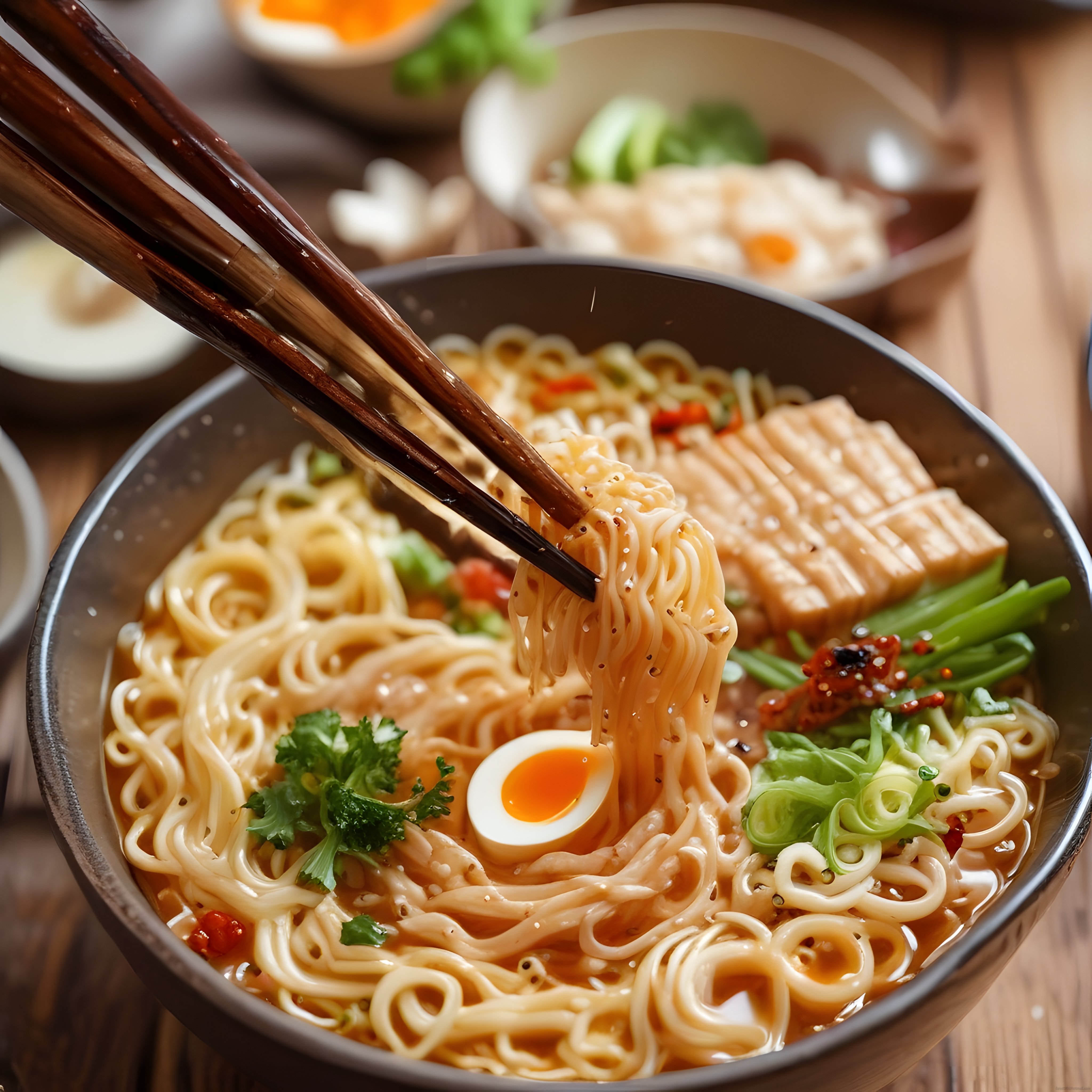 Ahşap Çubuklarla Servis Edilen Geleneksel Japon Ramen Kasesi ve Erişte