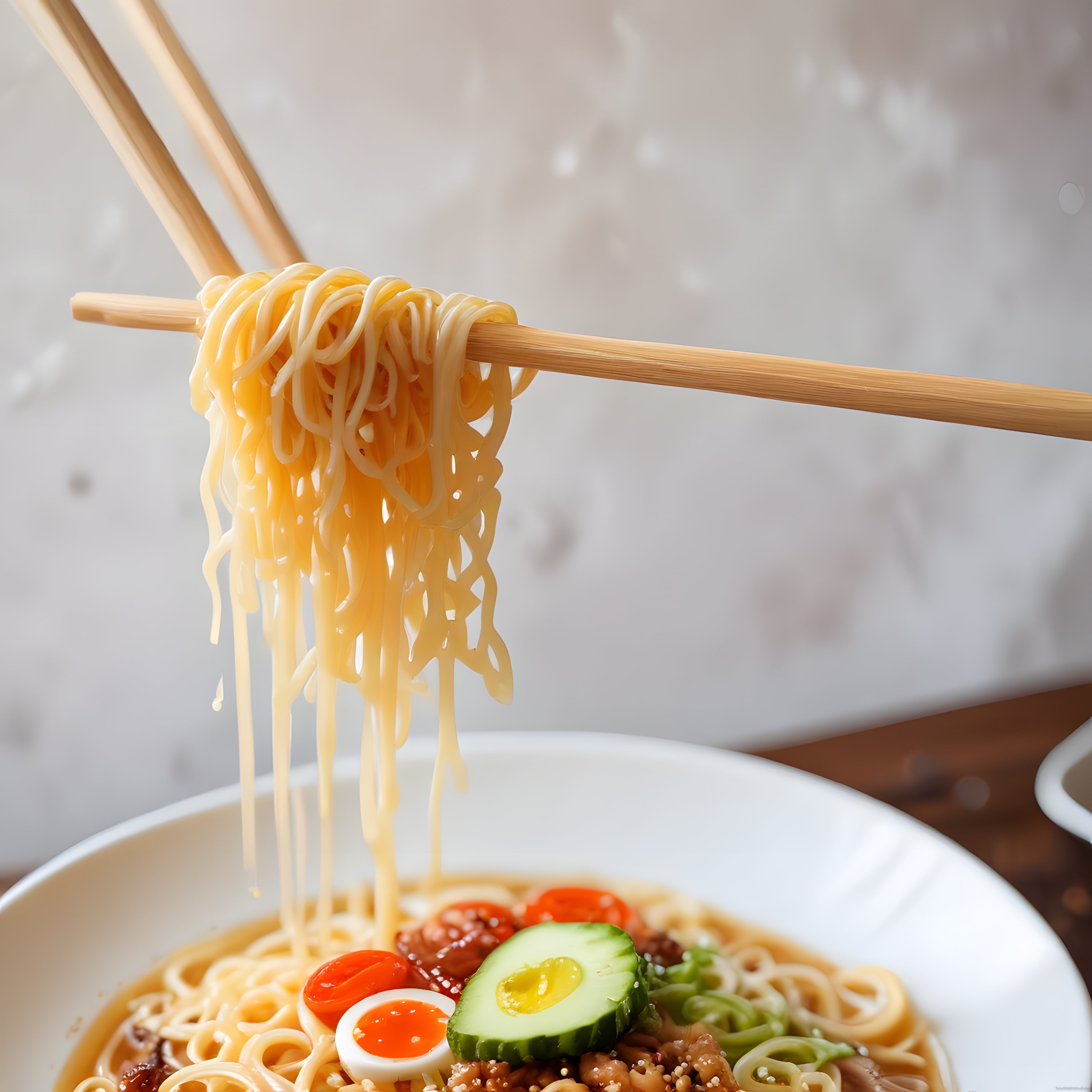 Ahşap Çubuklarla Tutulan Sıcak Ramen Kasesi, Yumurta ve Salatalık Süslemesiyle