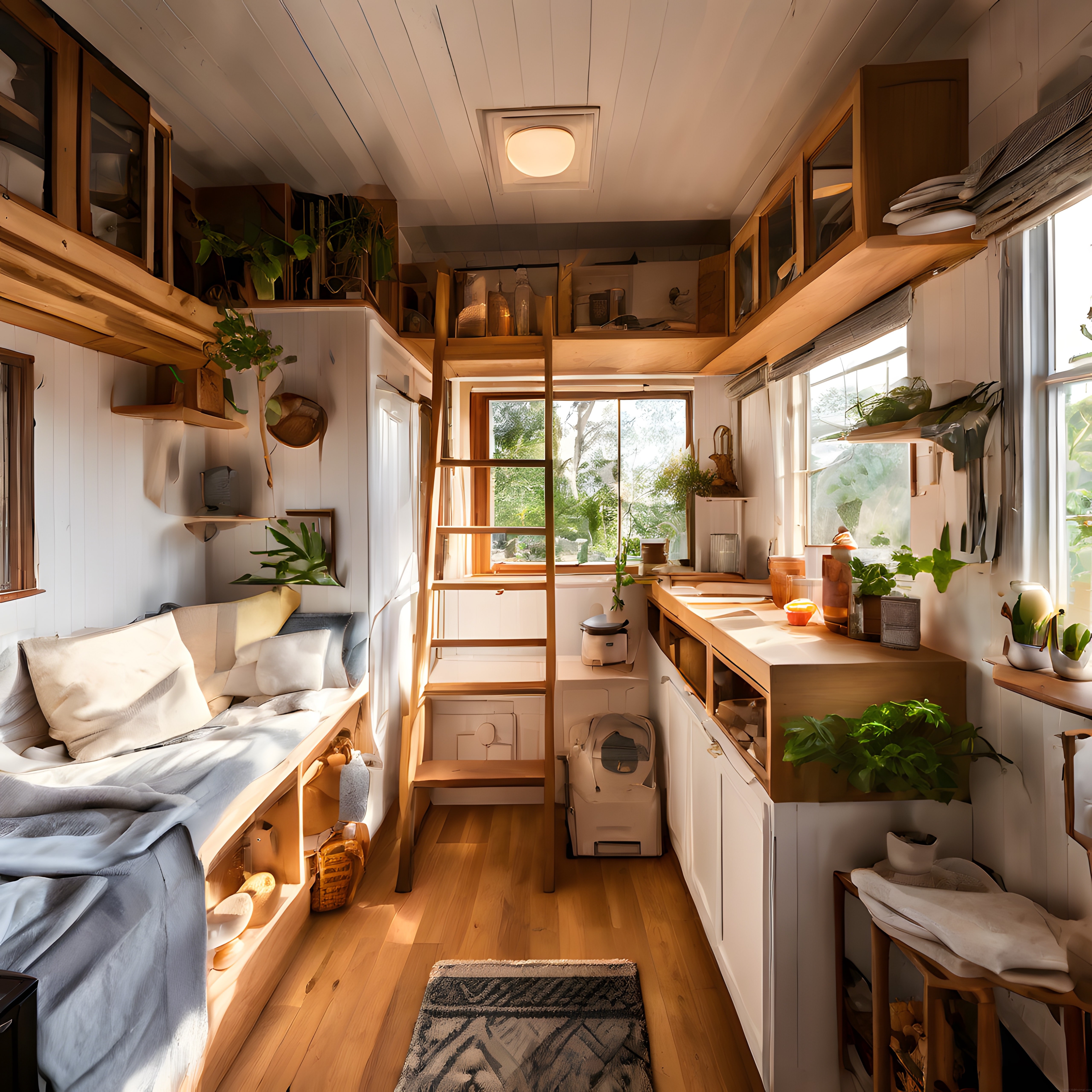 Ahşap Detaylar ve Bitkilerle Süslenmiş Sıcak Tiny House İç Mekan