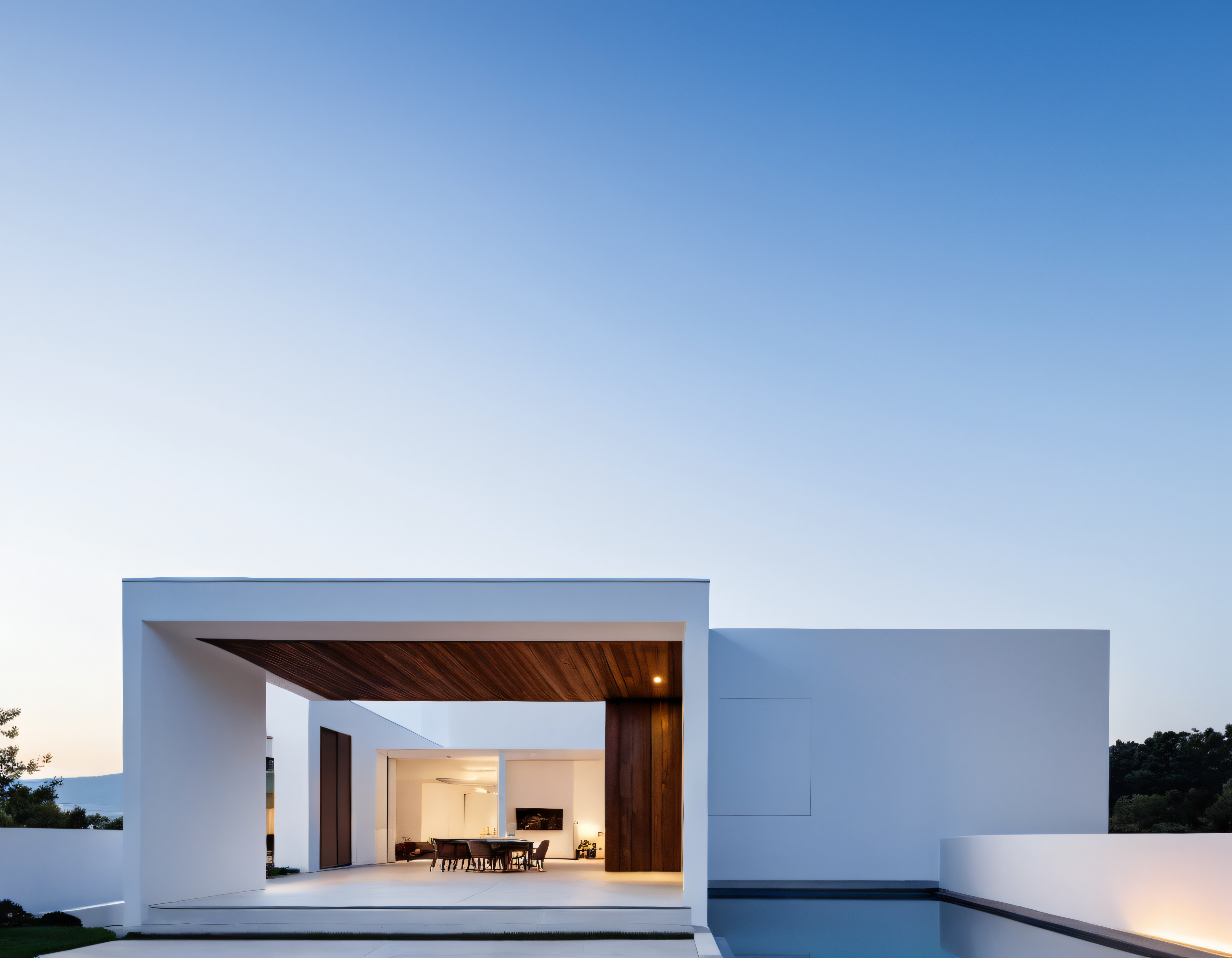 Ahşap Detaylarla Süslenmiş Modern Beyaz Villa ve Sonsuz Havuz Manzarası