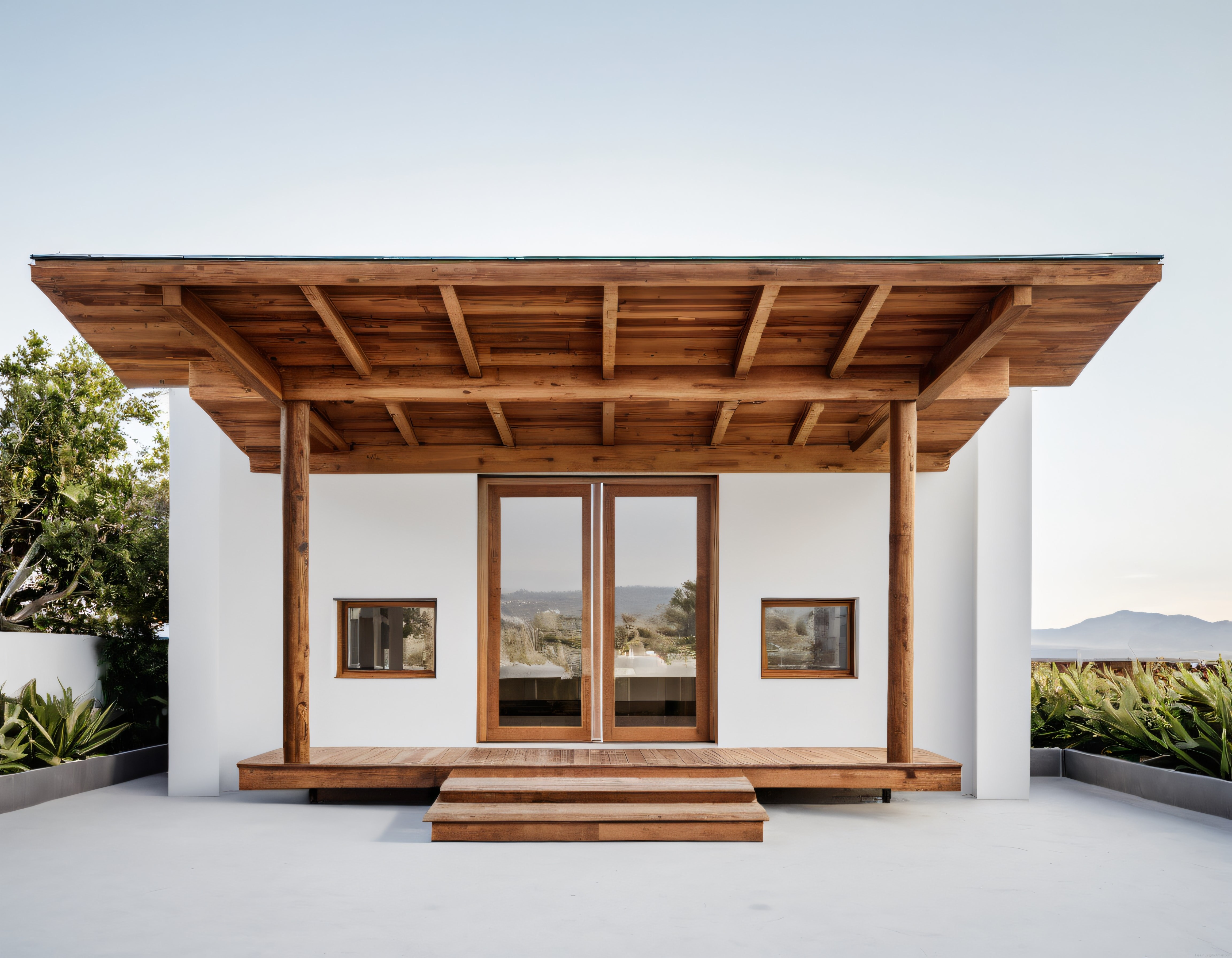 Ahşap Detaylı minimalist modern ev cephesi ve doğa manzaralı teras tasarımı