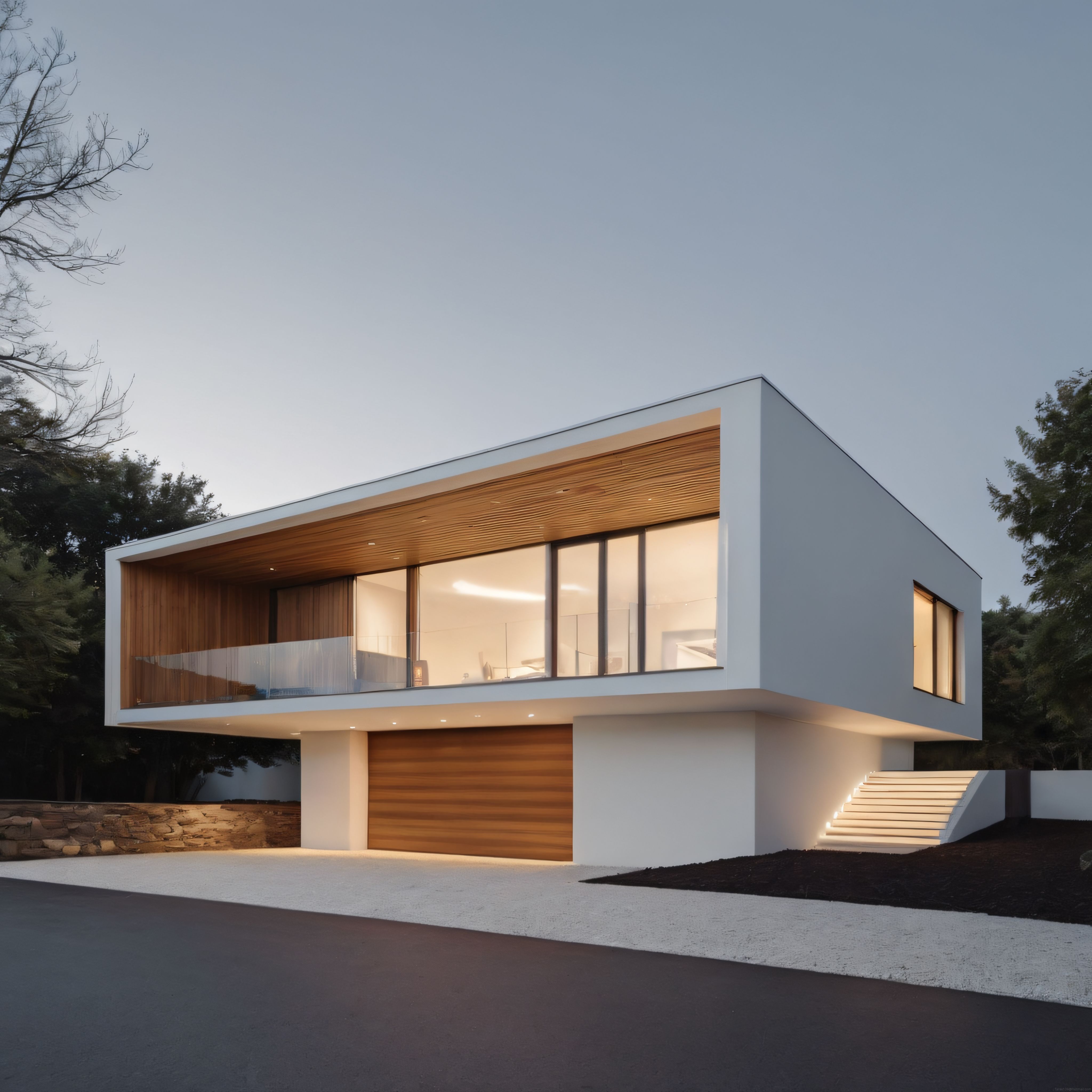 Ahşap detaylı modern beyaz müstakil ev, akşam alacakaranlığında