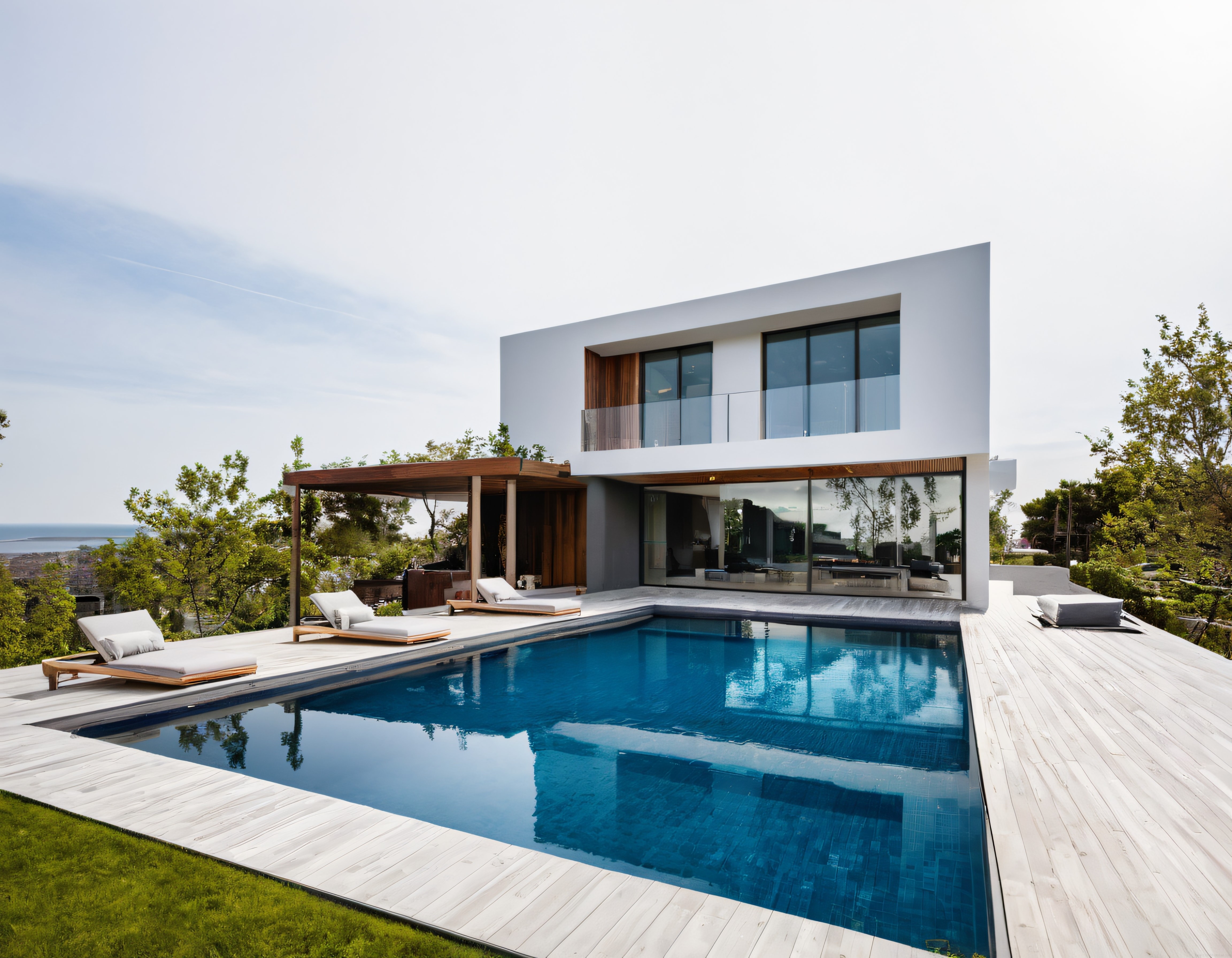 Ahşap Detaylı Modern Villa ve Panoramik Cam Cepheli Lüks Havuz Terası