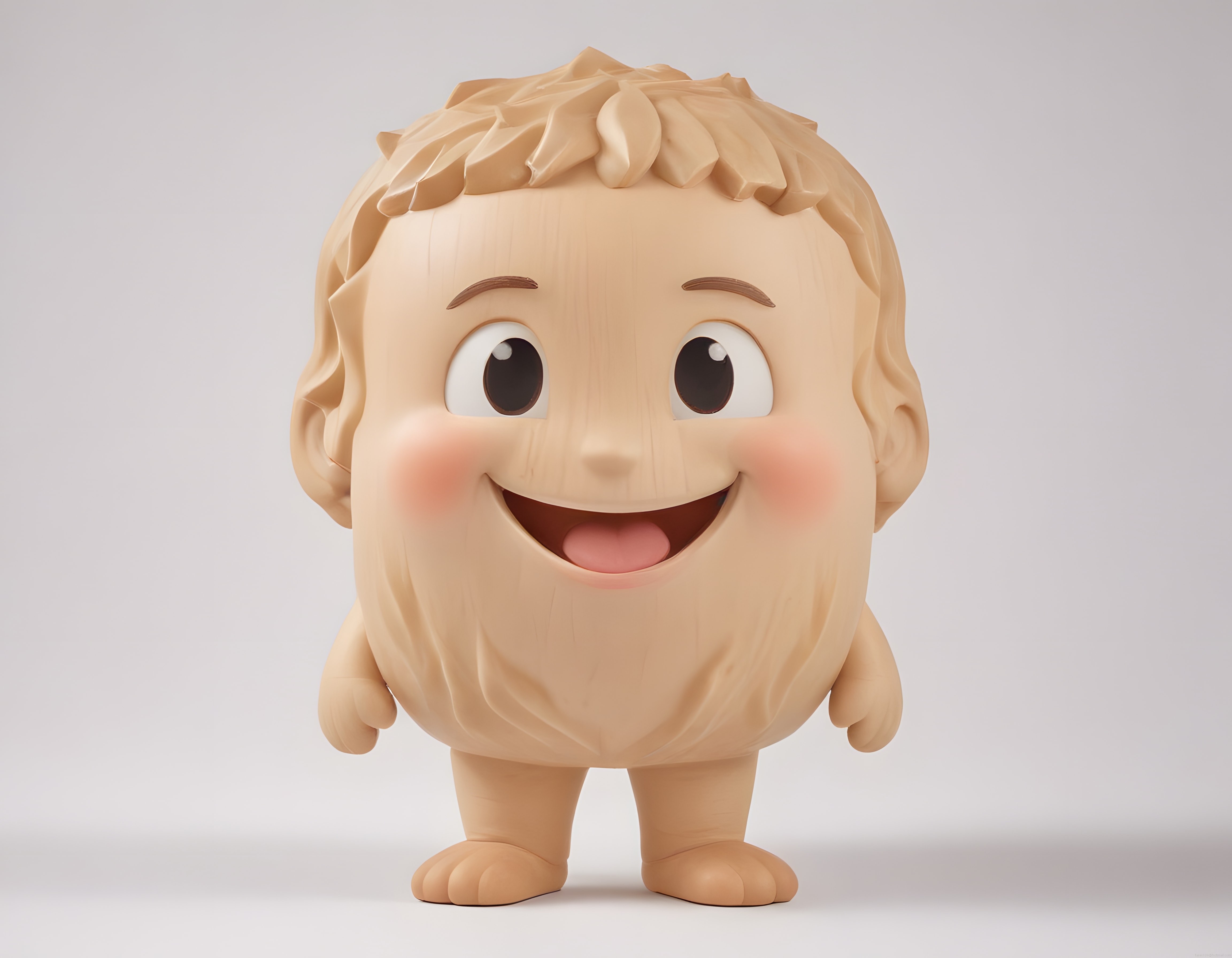 Ahşap Dokulu Sevimli 3D Karakter Figürü ve Mutlu Çizgi Film Tasarımı