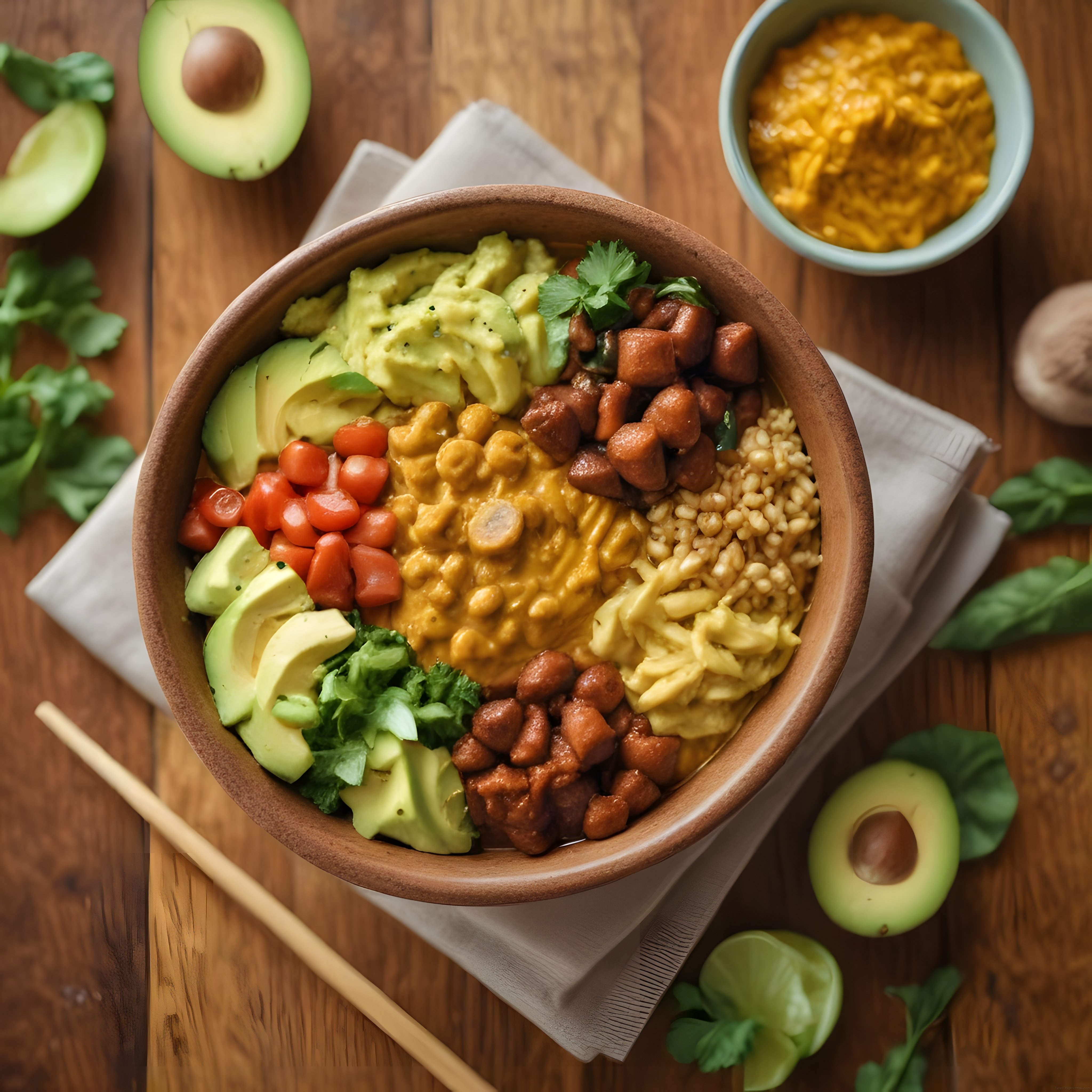 Ahşap fon üzerinde avokado ve bakliyatlı nefis sağlıklı bowl sunumu