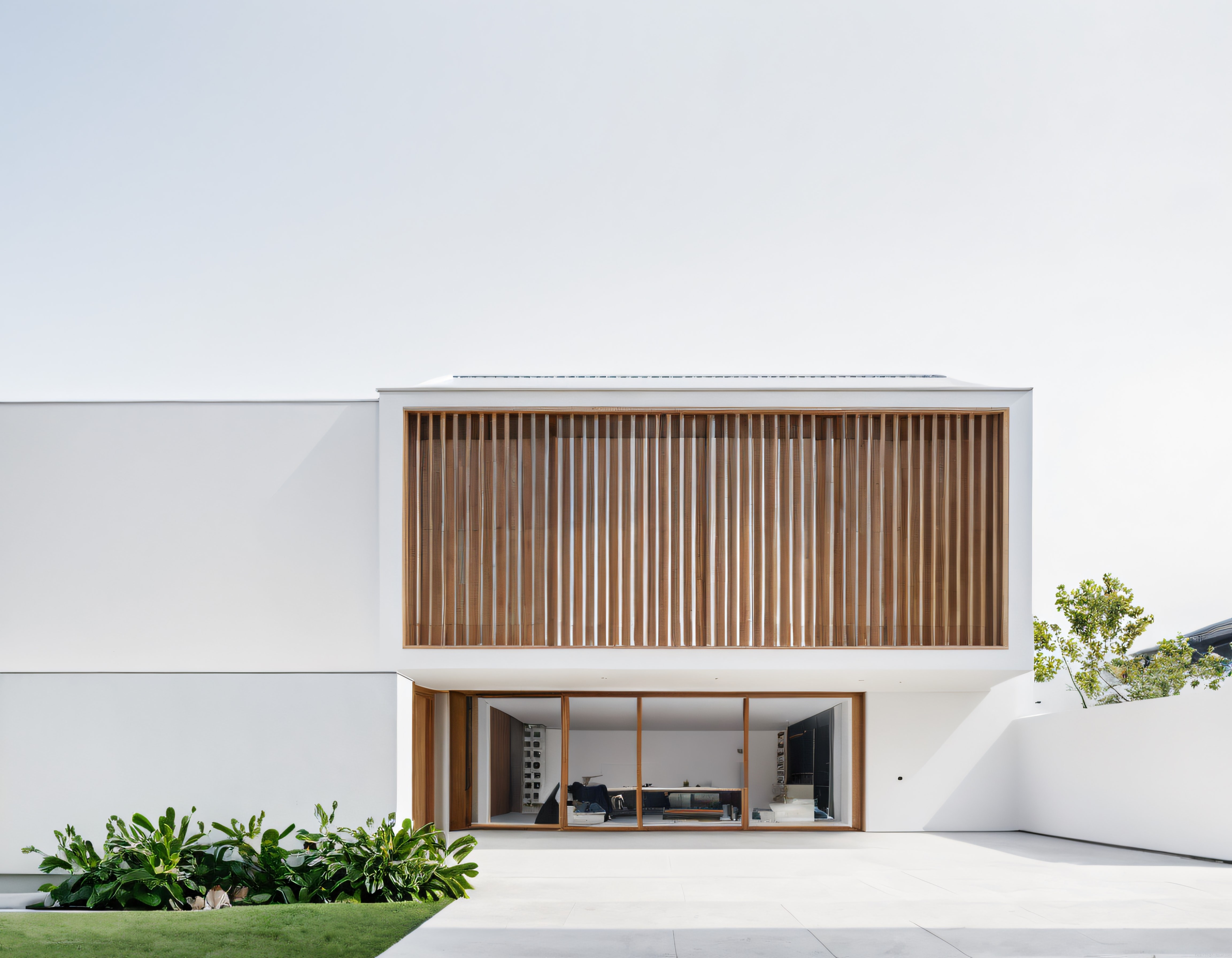 Ahşap Giydirme Detaylı Beyaz Duvarlı Çağdaş Minimalist Villa ve Bahçesi