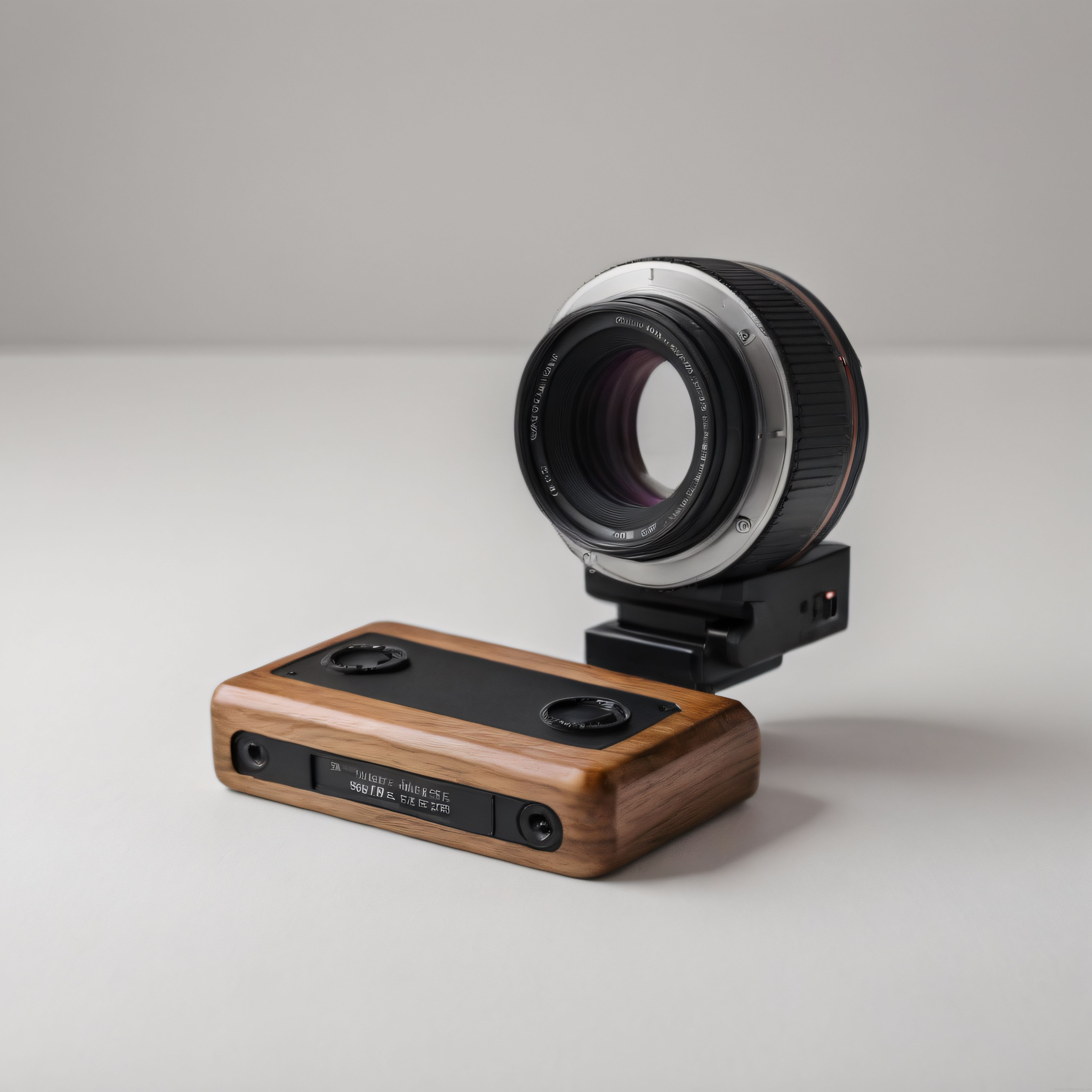 Ahşap gövdeli retro dijital kamera ve lens adaptörü ürün çekimi