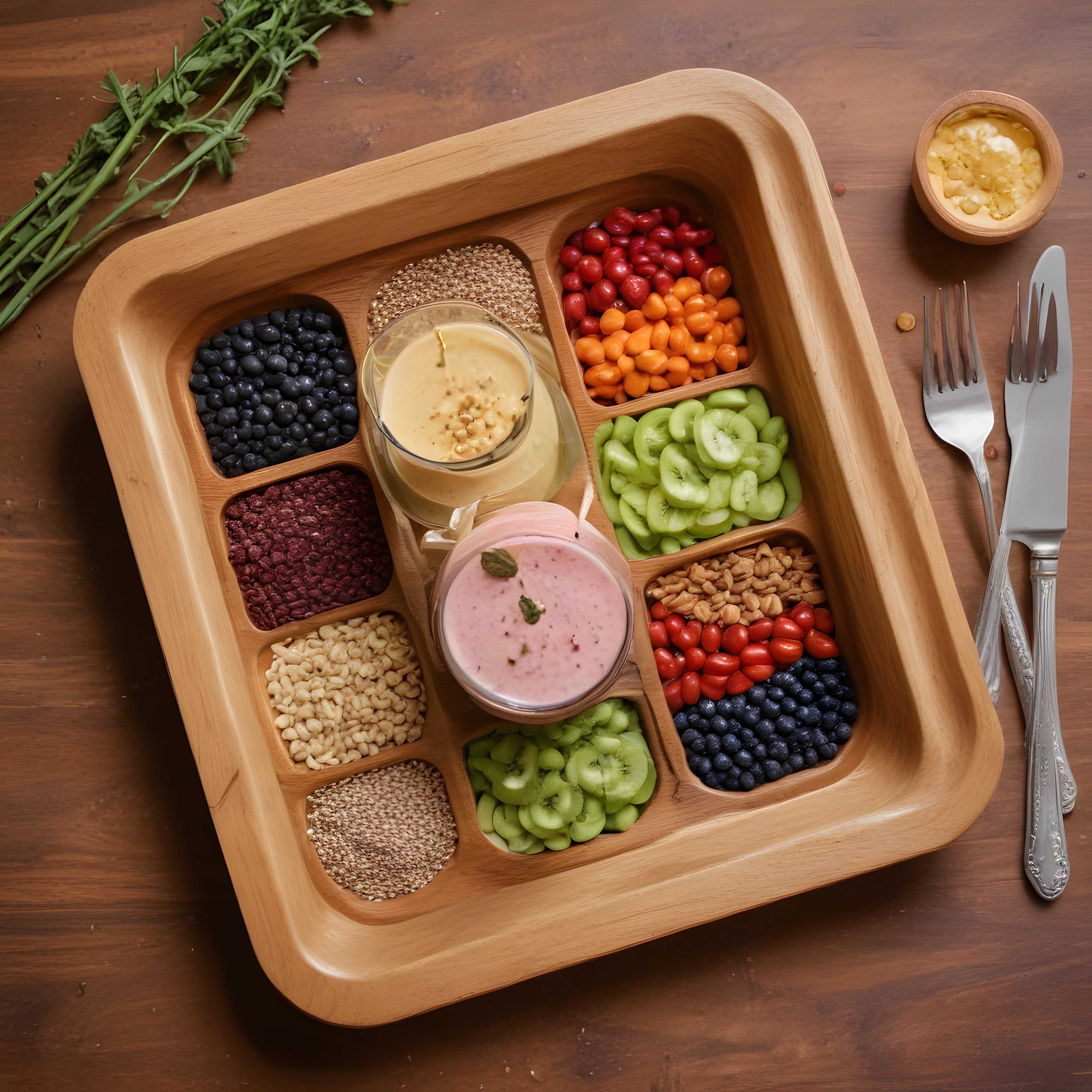 Ahşap Kahvaltı Tepsisinde Renkli Brunch Sunumu ve Sağlıklı Smoothie Bowl