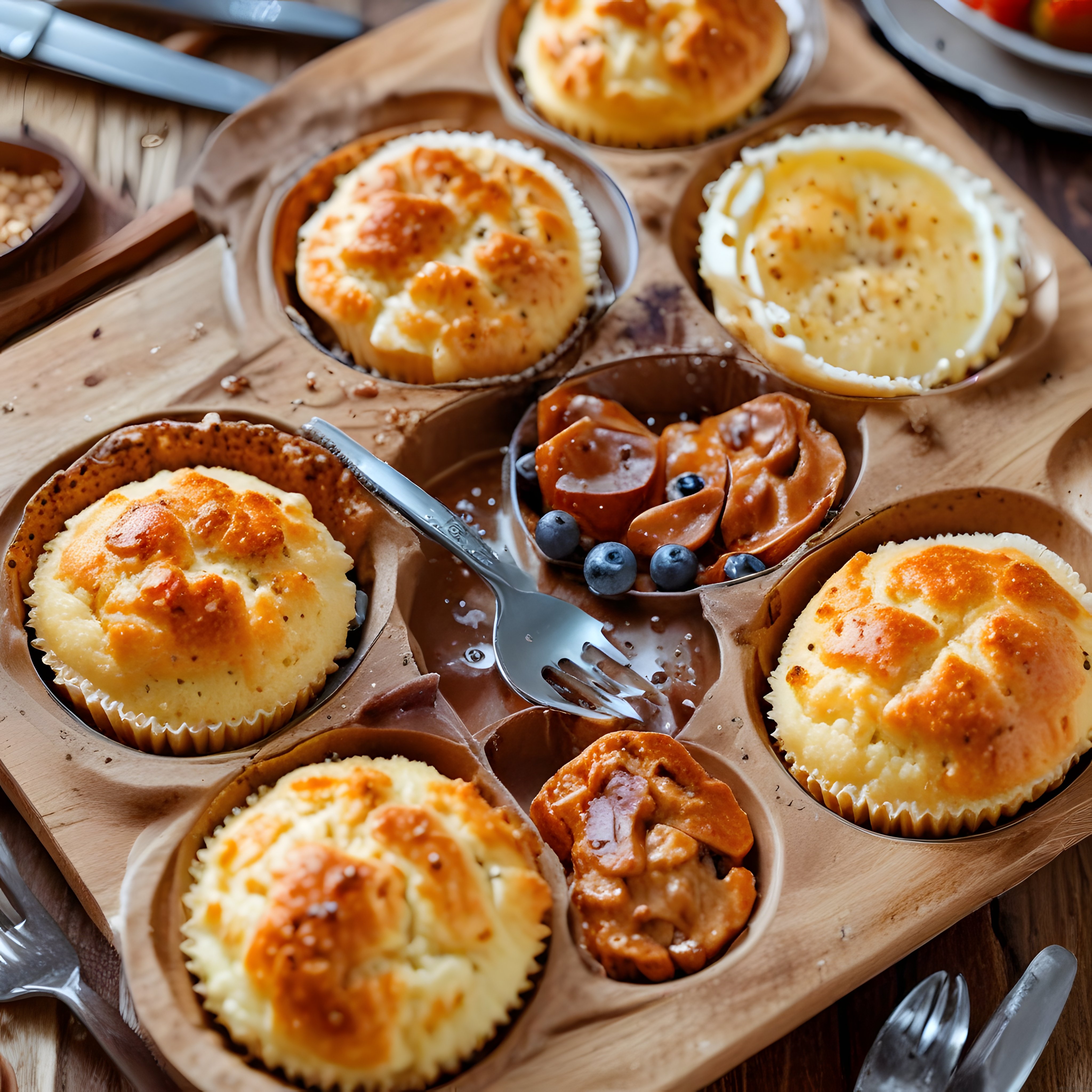 Ahşap Kahvaltılık Tepside Muffin, Peynir ve Taze Soslar ile Serpme Sunum