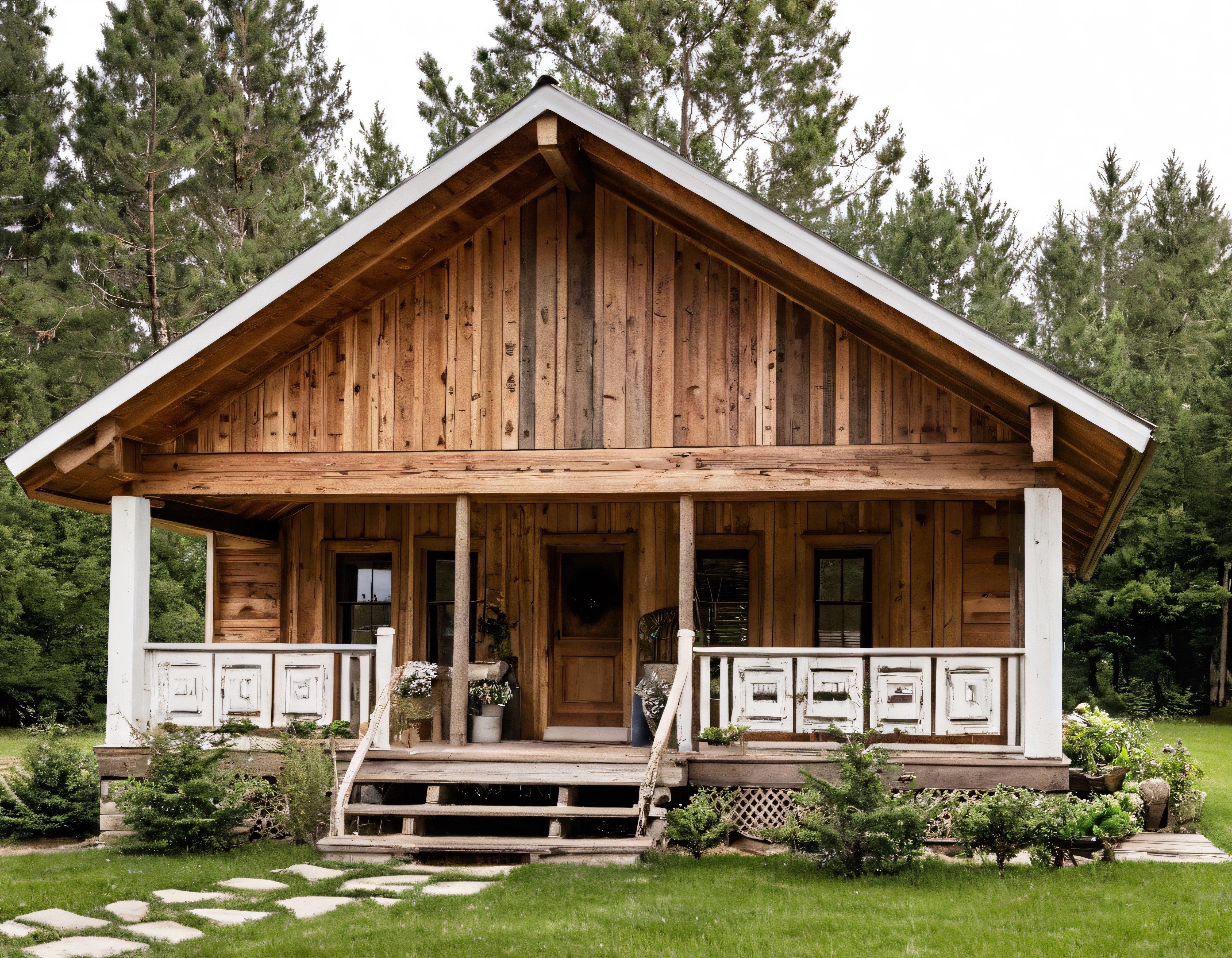 Ahşap kaplamalı, verandalı dağ evi ve çam ormanı manzarası
