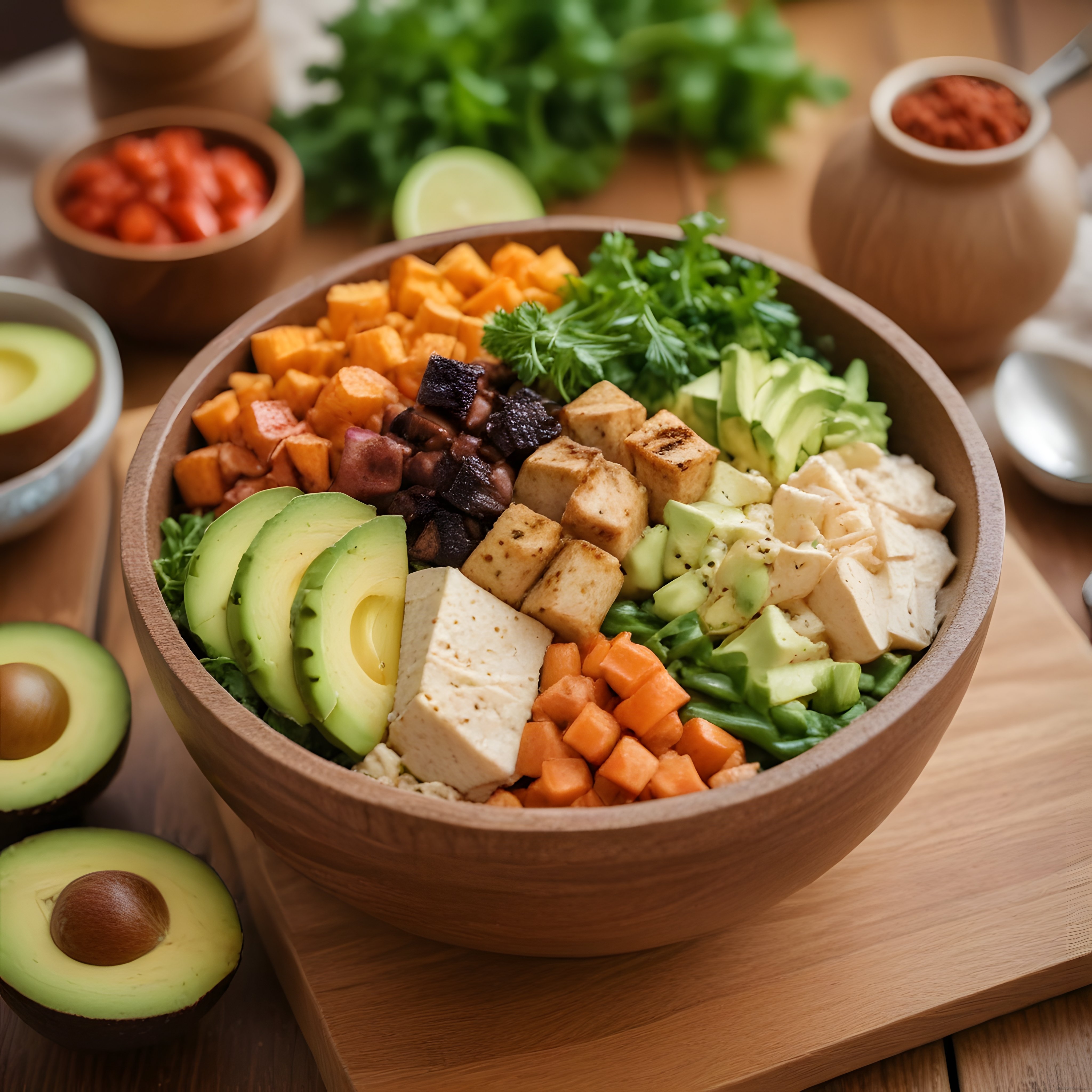 Ahşap kapta avokado tofu ve renkli sebzelerle hazırlanan sağlıklı vegan kase