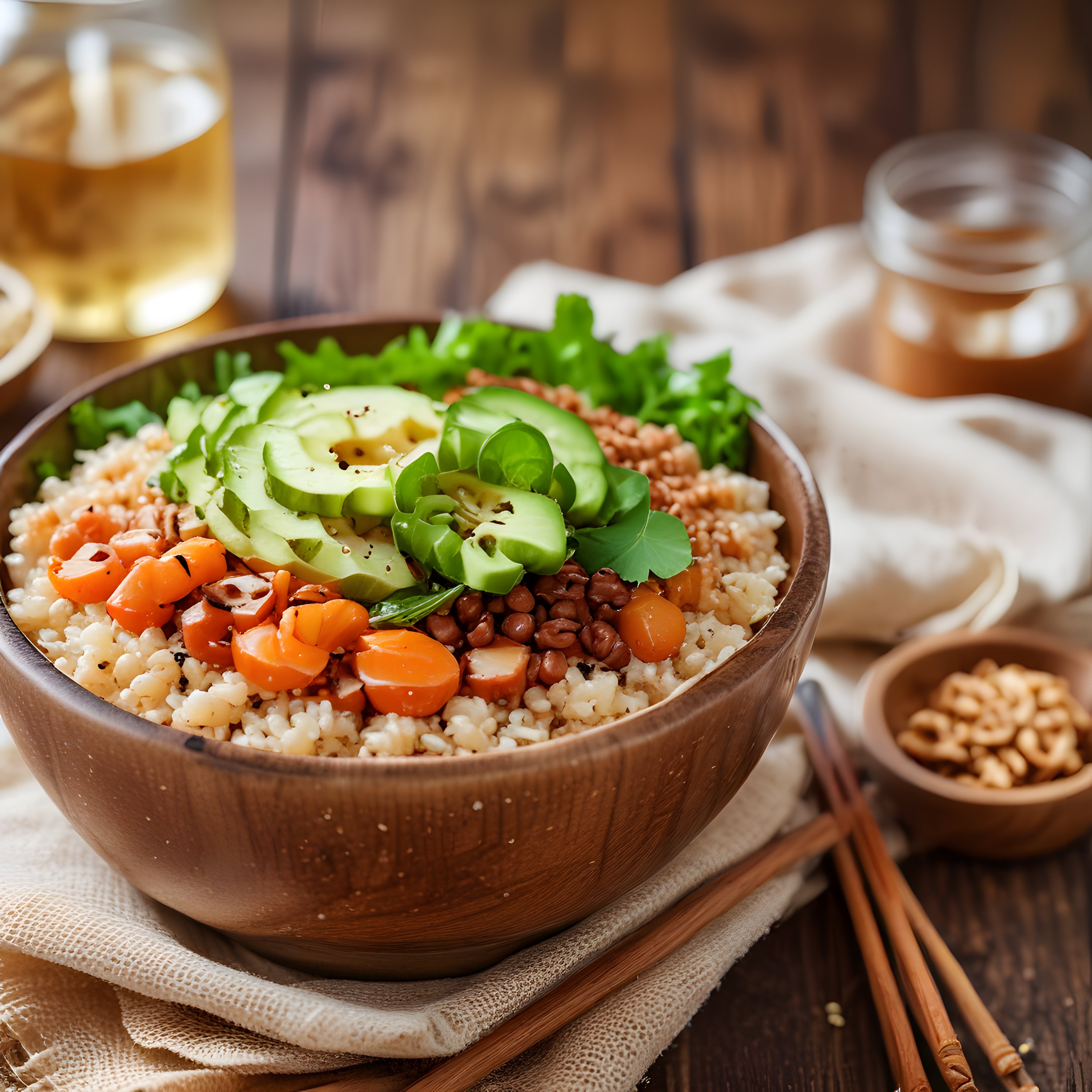 Ahşap kapta avokado ve taze sebzelerle süslenmiş sağlıklı poke bowl