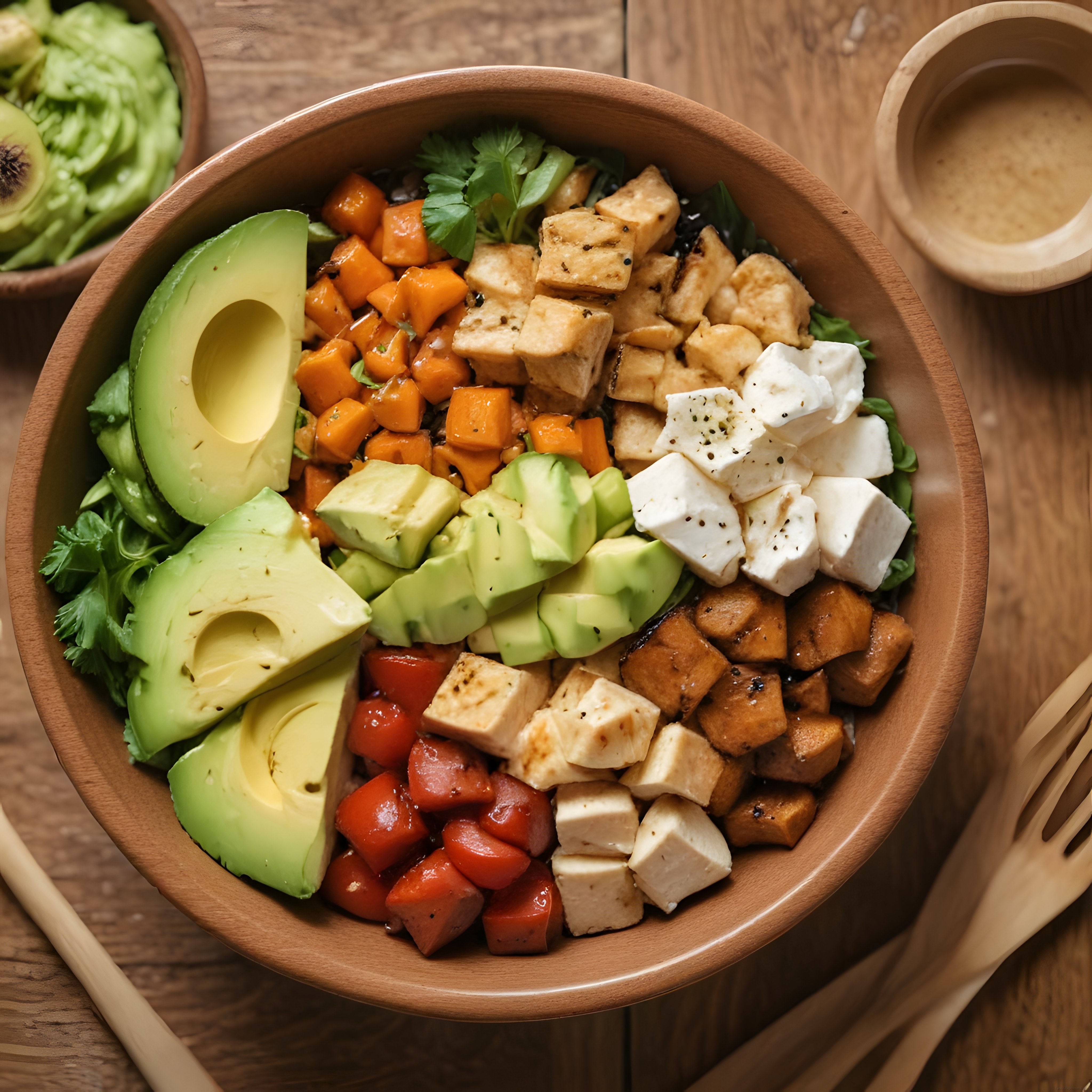 Ahşap Kapta Avokadolu ve Peynirli Renkli Fresh Salata Bowl Tarifi