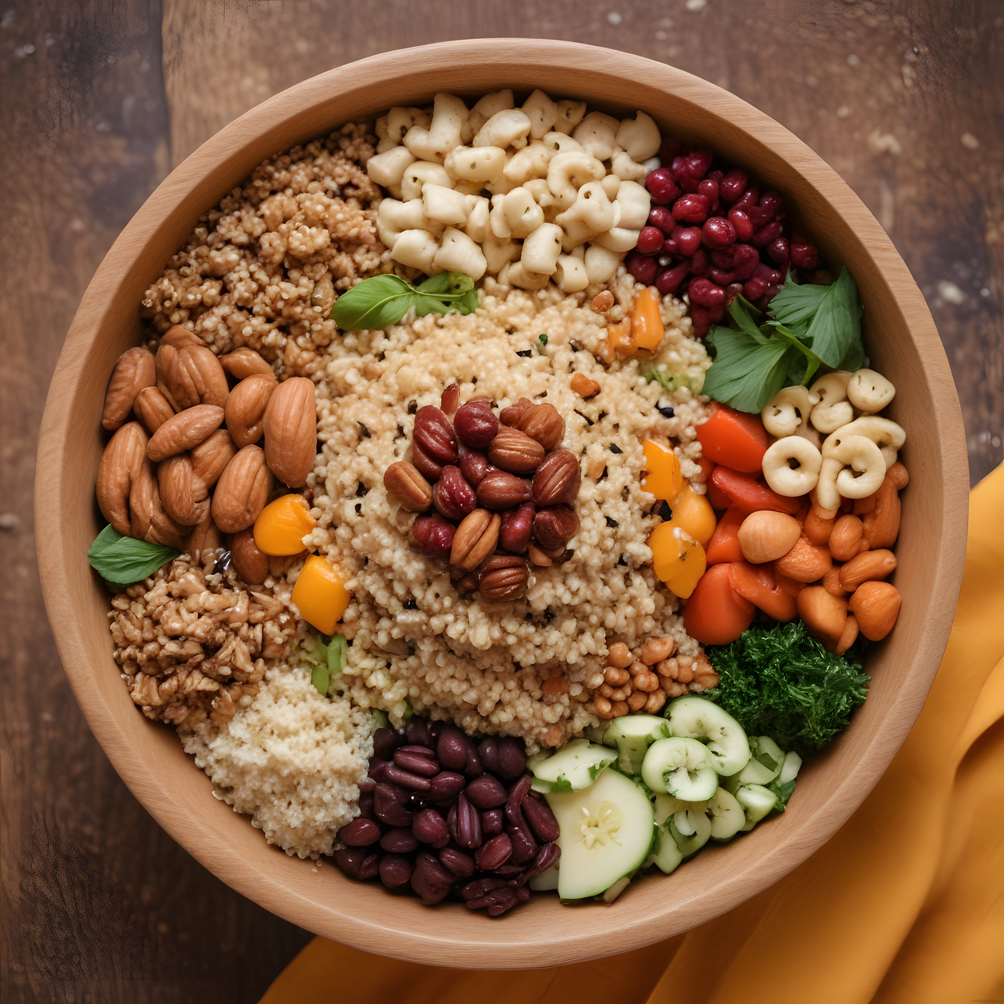 Ahşap kapta besleyici vegan buddha bowl: kuskus, baklagil ve nar taneleri