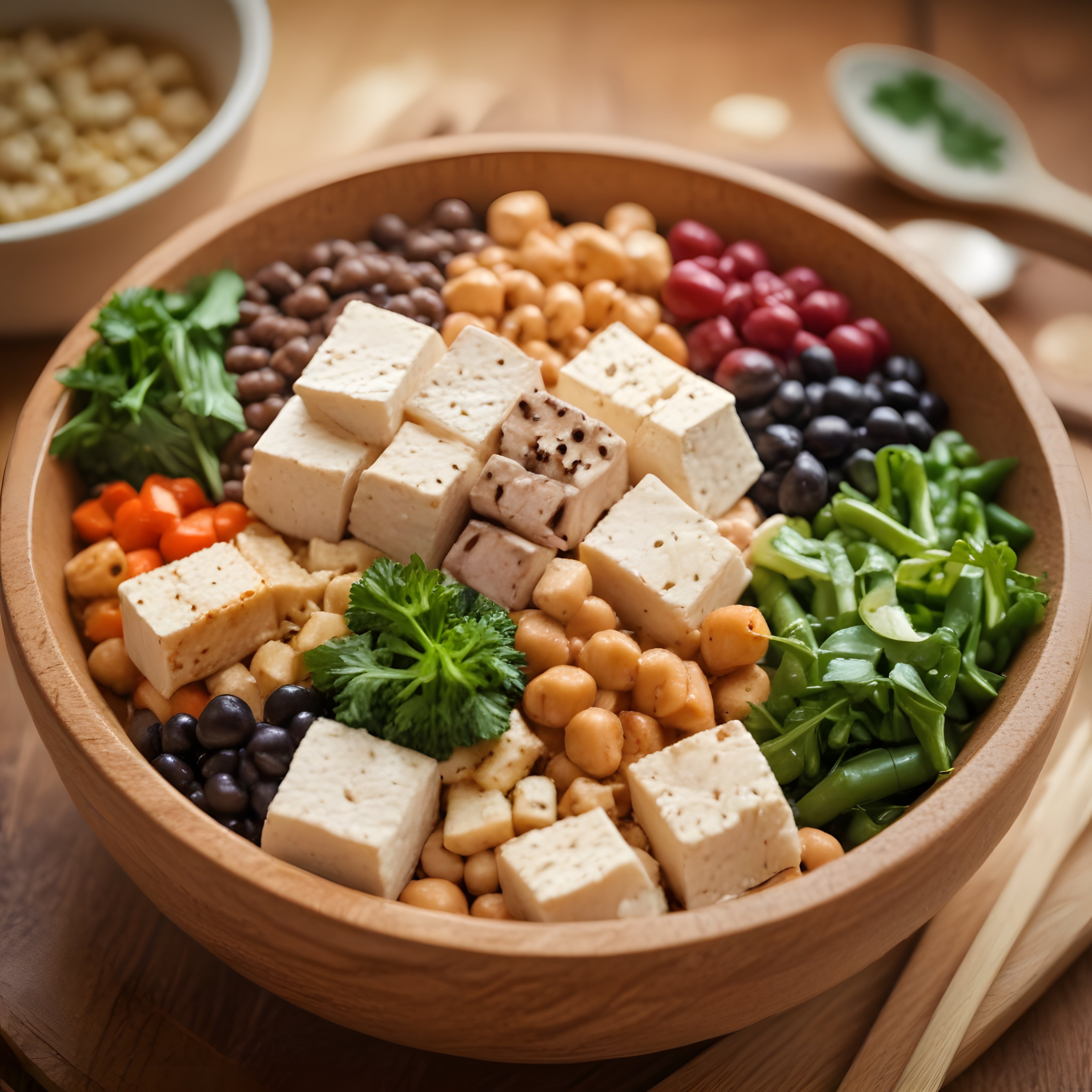 Ahşap Kapta Besleyici Vegan Buddha Bowl: Tofu, Nohut ve Taze Sebzeler