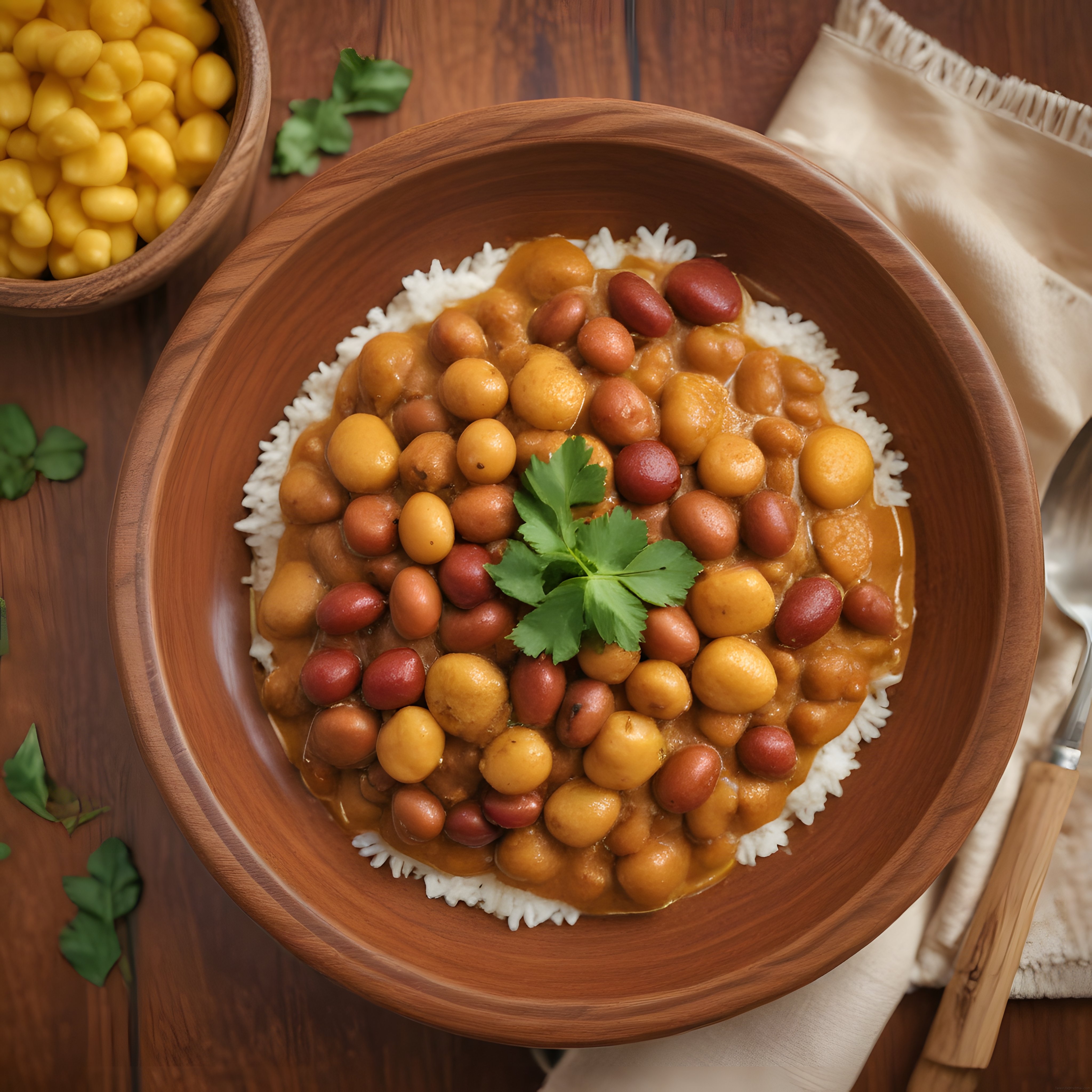 Ahşap kapta beyaz pilav üzerine nohutlu köri soslu Hint mutfağı yemek sunumu