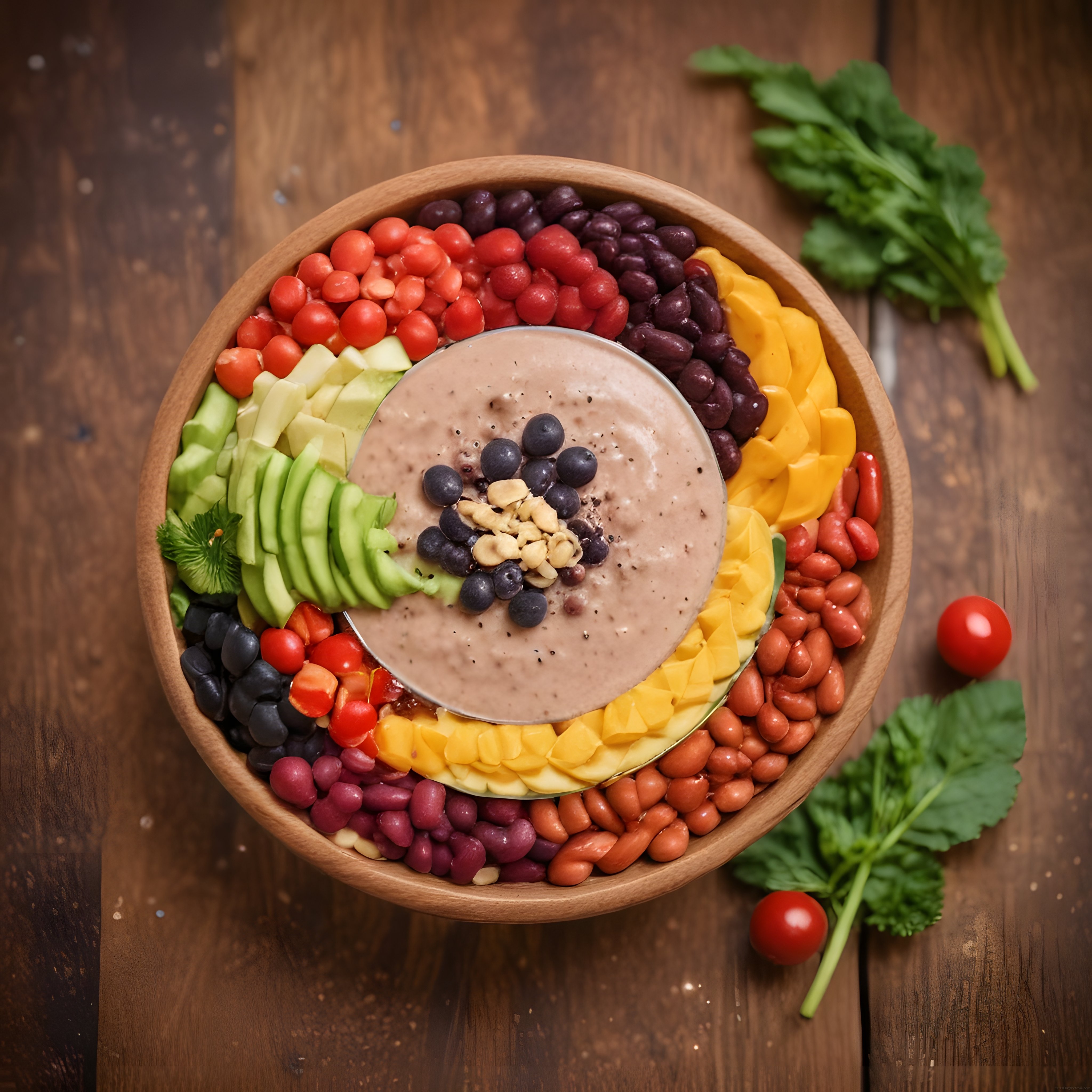 Ahşap Kapta Gökkuşağı Renklerinde Sağlıklı Vegan Buddha Bowl Sunumu
