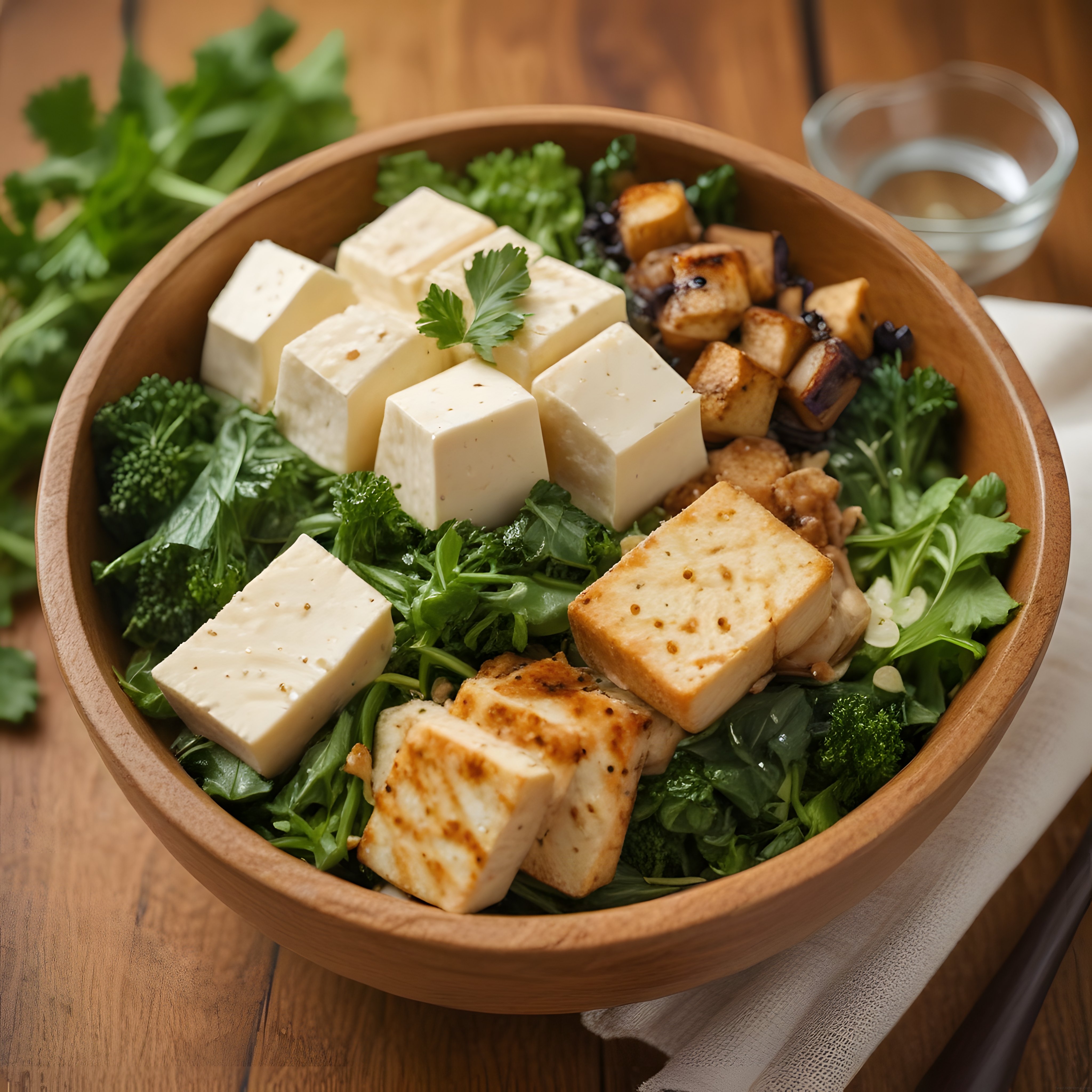 Ahşap Kapta Izgara Tofulu ve Brokolili Sağlıklı Vegan Salata Bowl