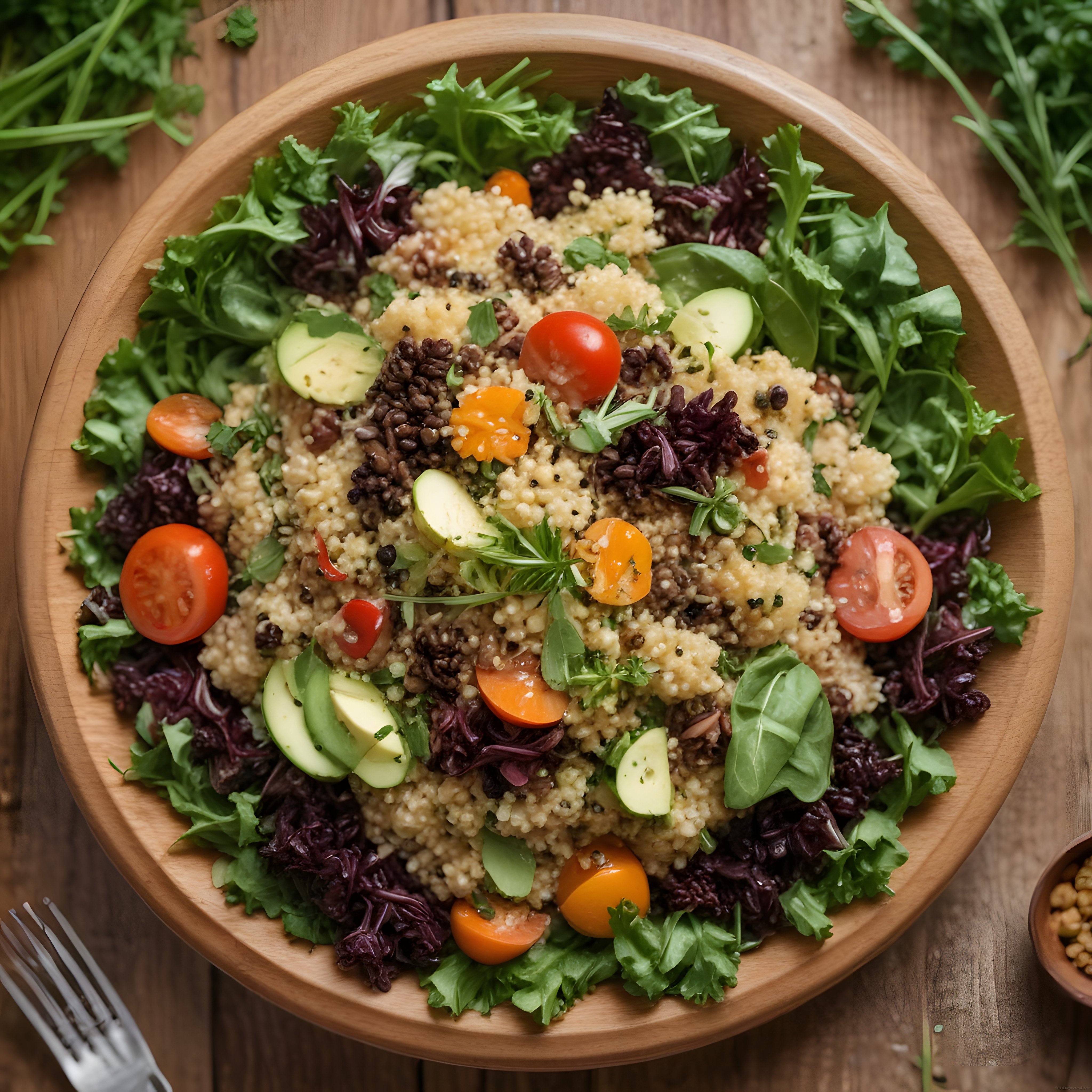 Ahşap Kapta Kinoa ve Mercimek Salatası: Besleyici ve Renkli Sunum